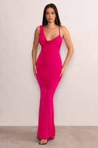 Phantasy | Hot Pink Asymmetric Neckline Cowl Maxi Dress sold by Club L London