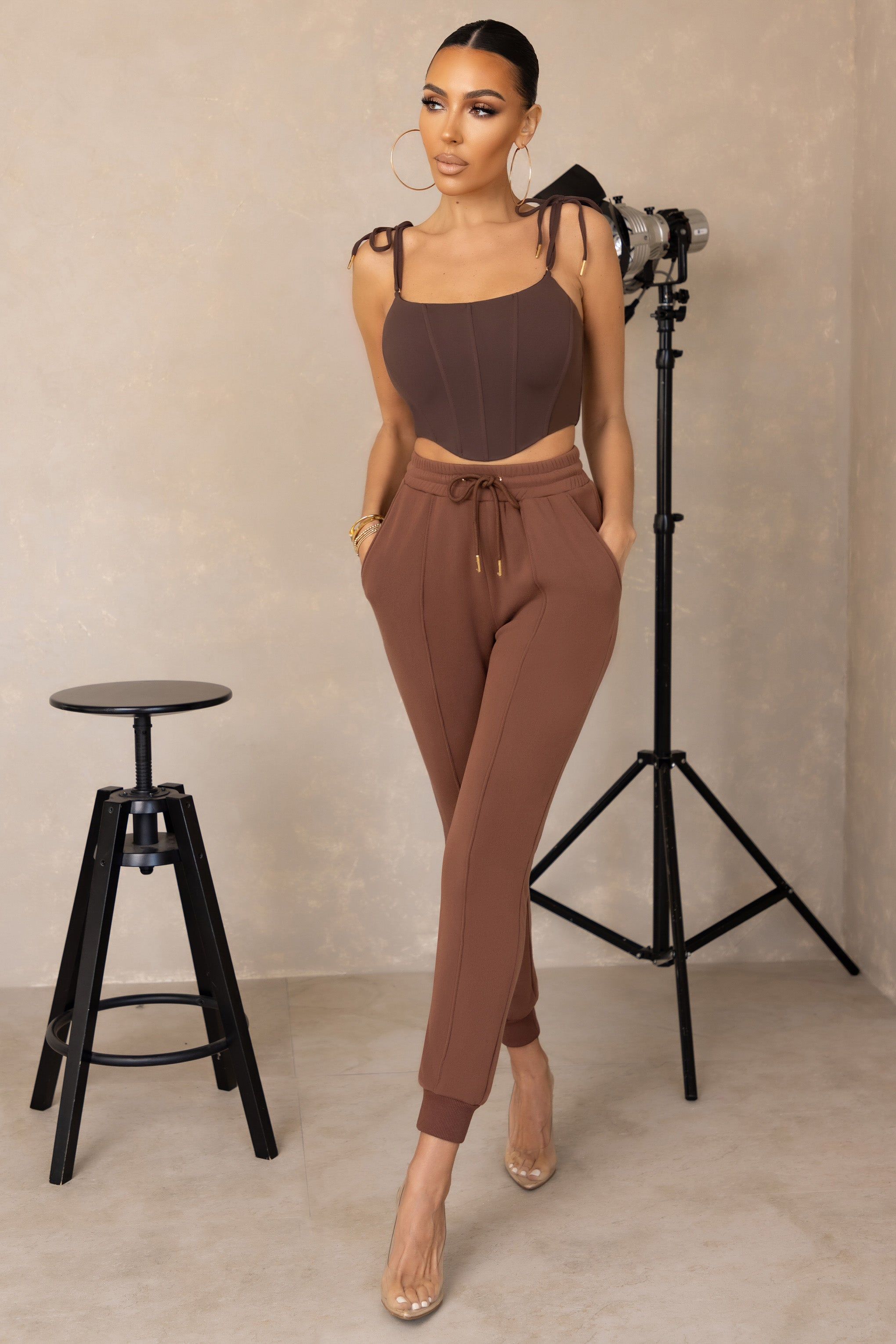 All Day Hustle | Brown Tie Waist Tapered Cuffed Joggers sold by Club L London product image thumbnail 3