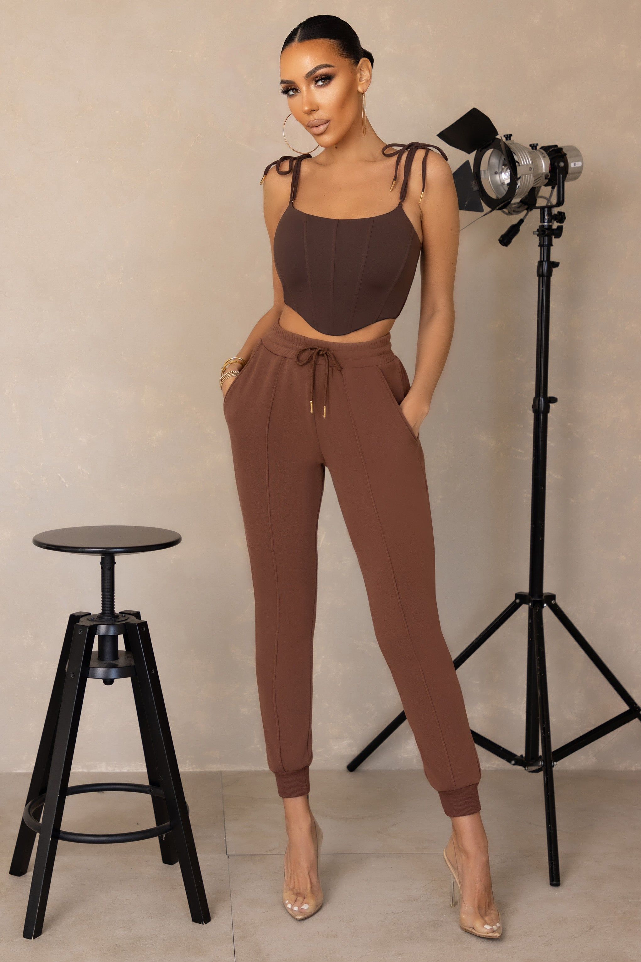 All Day Hustle | Brown Tie Waist Tapered Cuffed Joggers sold by Club L London product image thumbnail 5