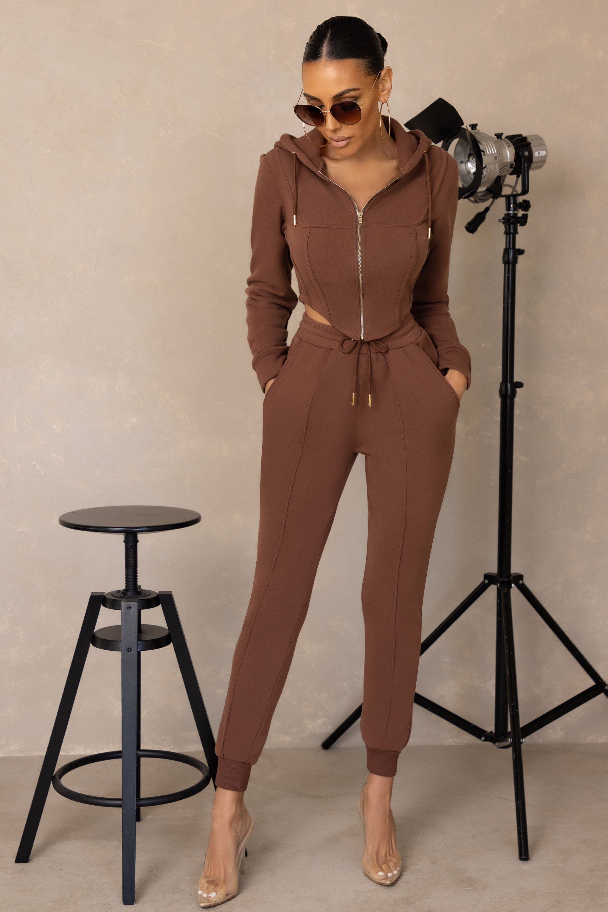 All Day Hustle | Brown Tie Waist Tapered Cuffed Joggers sold by Club L London