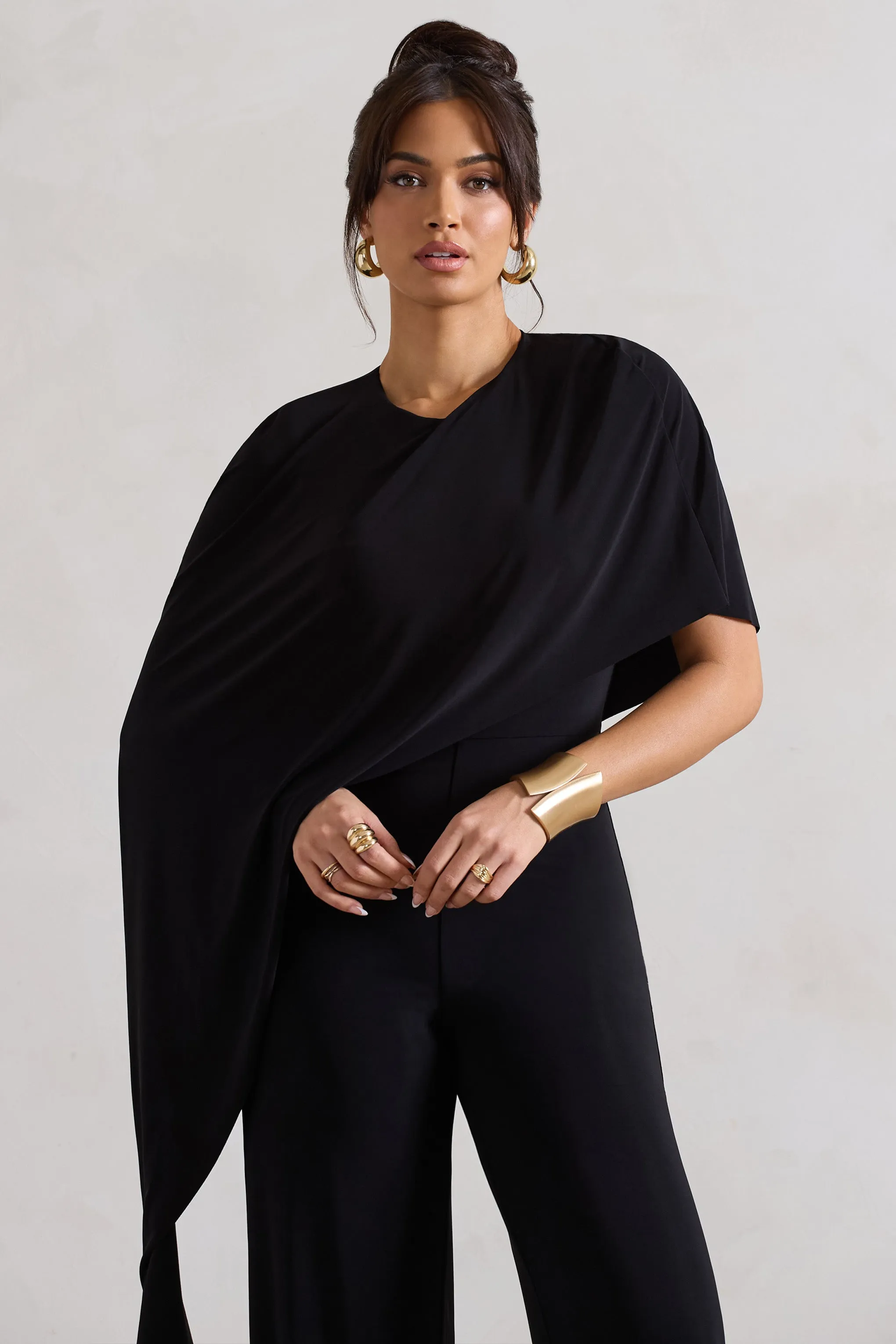 Reserve | Black Wide-Leg Jumpsuit With Asymmetric Cape sold by Club L London product image thumbnail 4