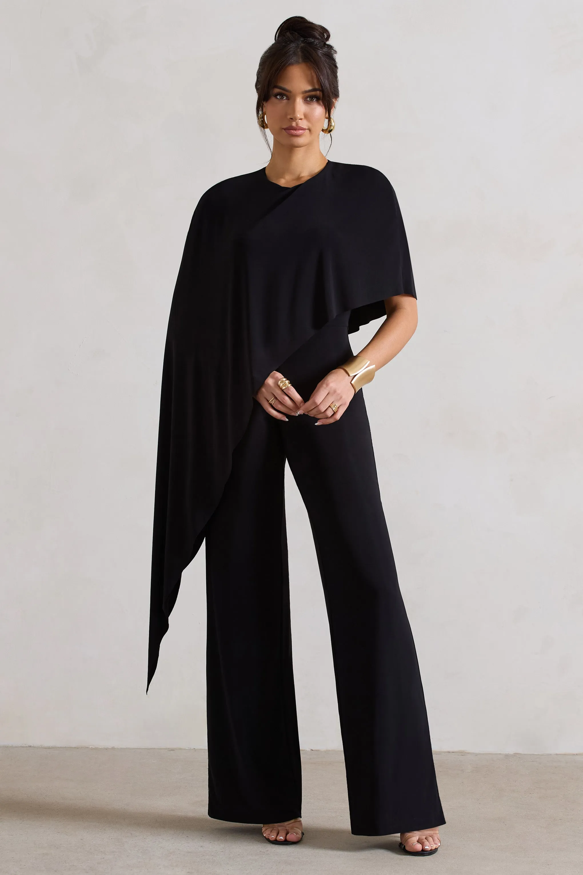 Reserve | Black Wide-Leg Jumpsuit With Asymmetric Cape sold by Club L London product image thumbnail 2