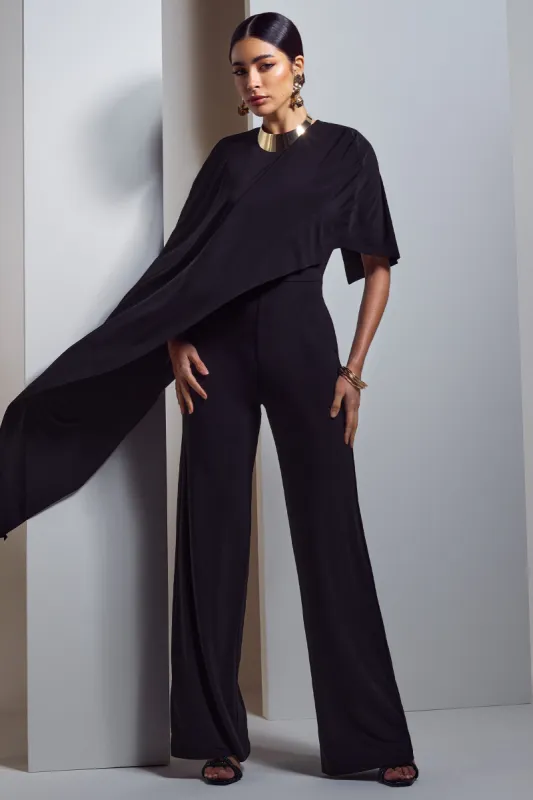 Reserve | Black Wide-Leg Jumpsuit With Asymmetric Cape sold by Club L London