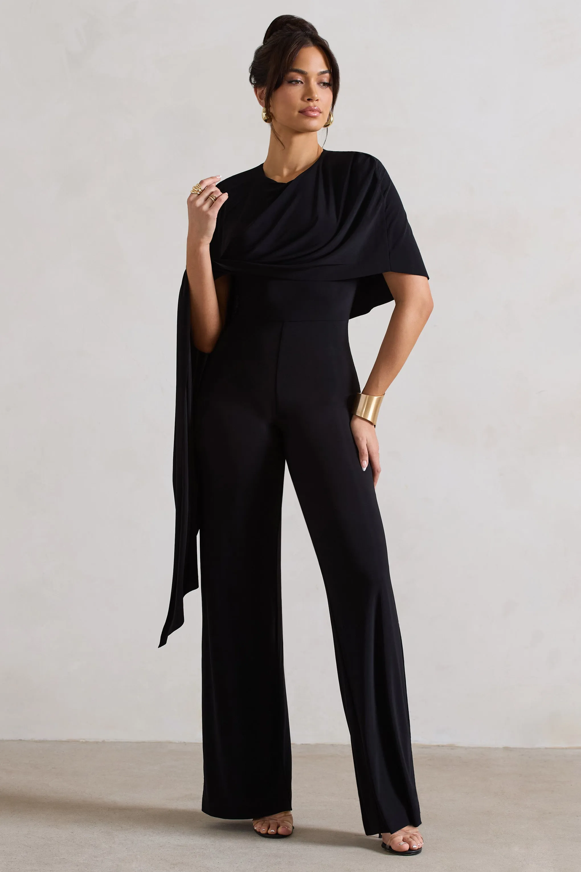Reserve | Black Wide-Leg Jumpsuit With Asymmetric Cape sold by Club L London product image thumbnail 5