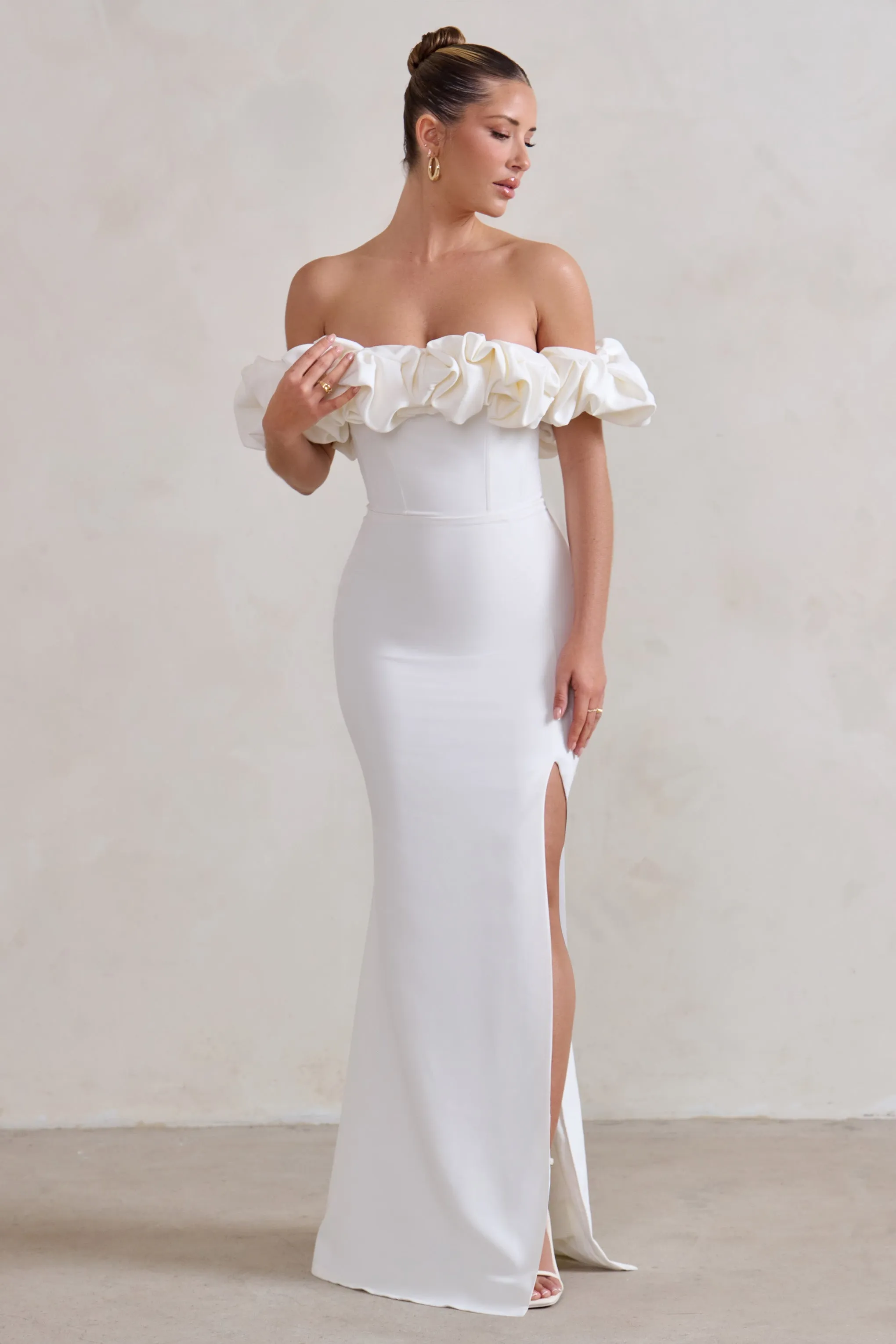 Esmeralda | White Structured Statement Bardot Maxi Dress sold by Club L London product image thumbnail 4