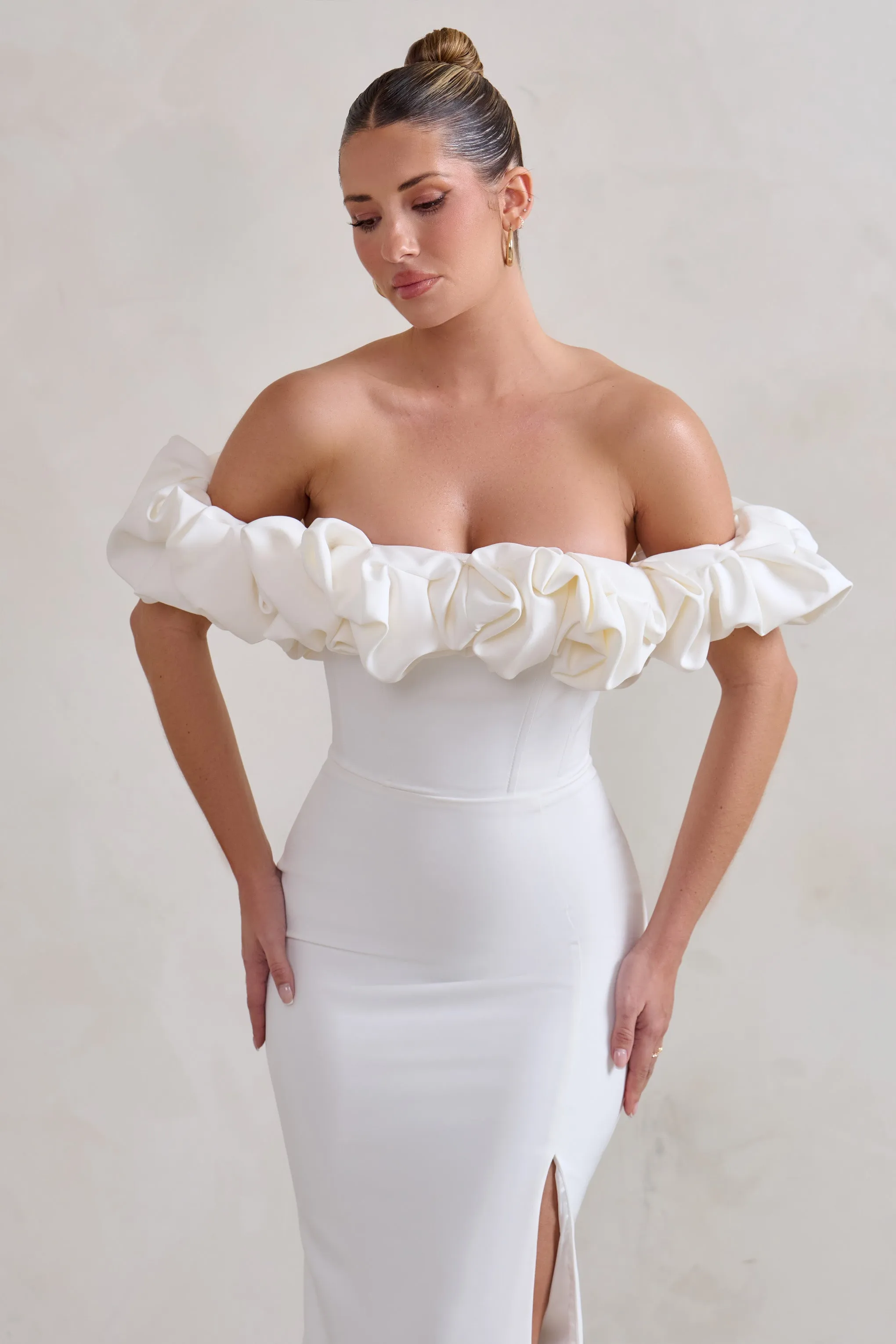 Esmeralda | White Structured Statement Bardot Maxi Dress sold by Club L London product image thumbnail 3