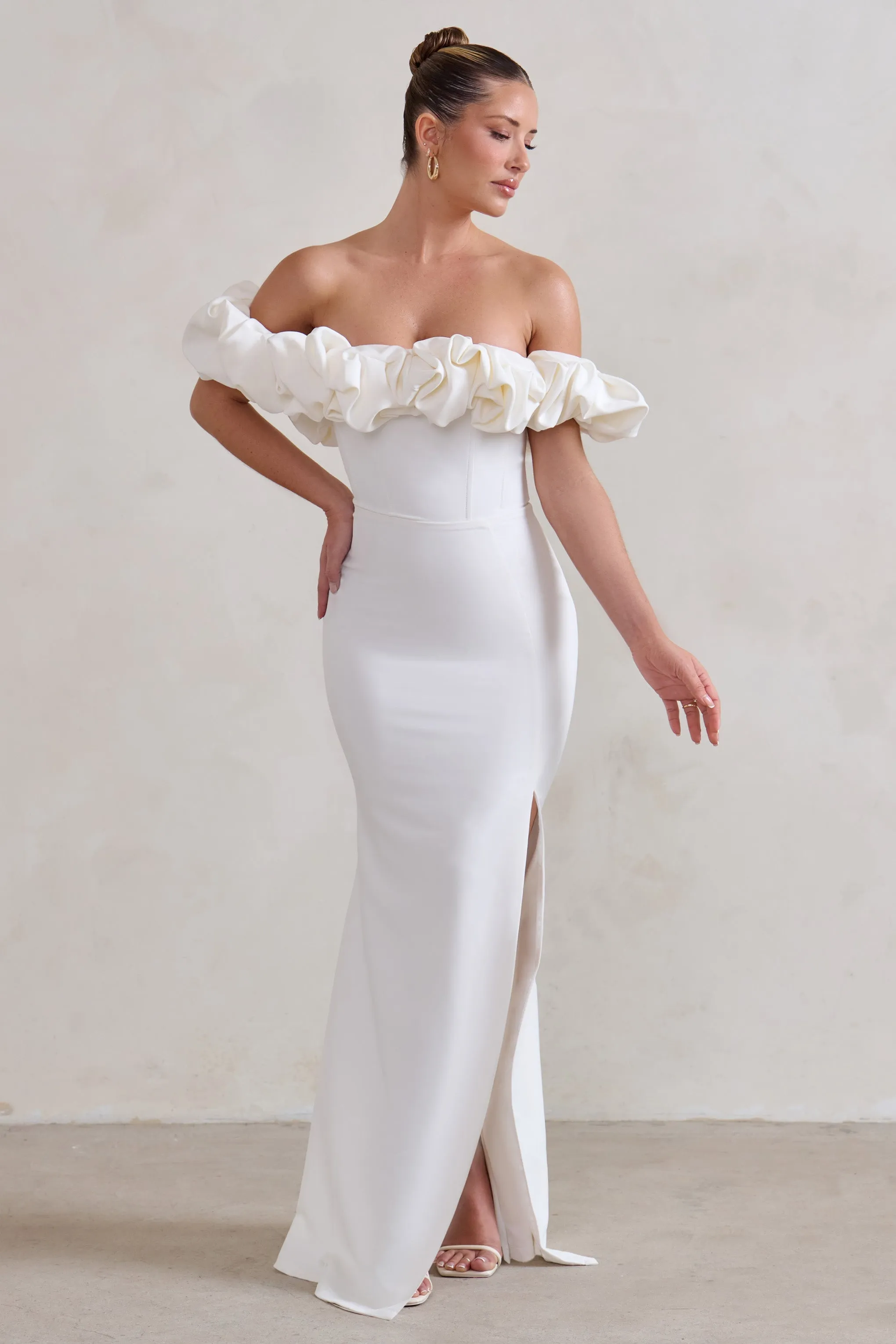 Esmeralda | White Structured Statement Bardot Maxi Dress sold by Club L London