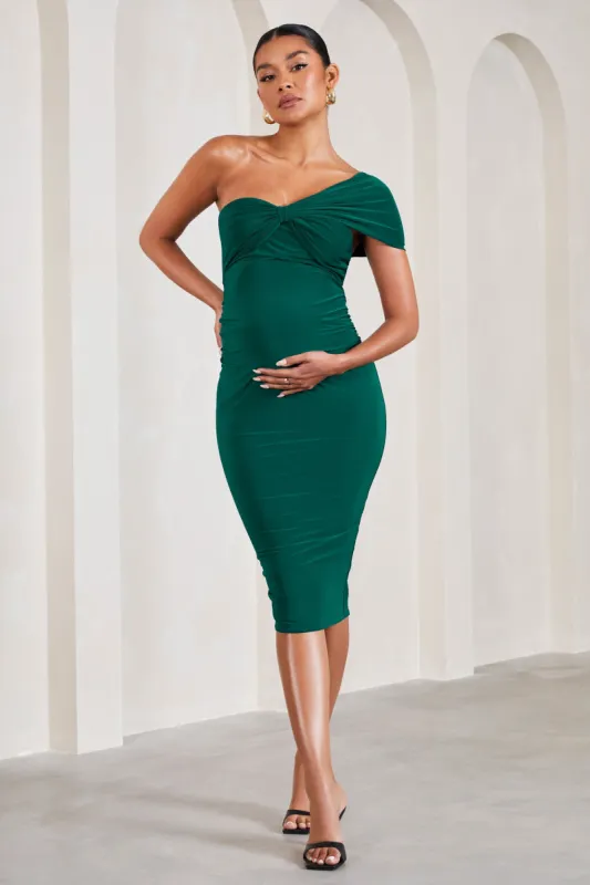 Admired | Bottle Green Ruched One-Shoulder Maternity Midi Dress sold by Club L London