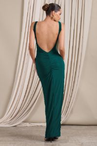 Kate | Bottle Green Square Neck Maxi Dress with Plunge Back and Side Thigh Split sold by Club L London