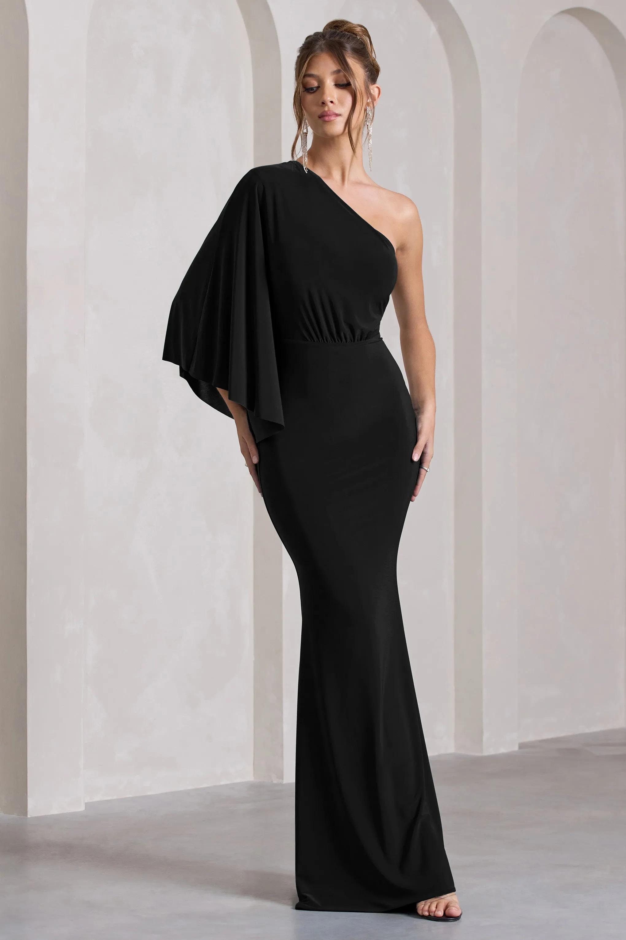 Luciana | Black One Shoulder Drape Sleeve Maxi Dress sold by Club L London product image thumbnail 5