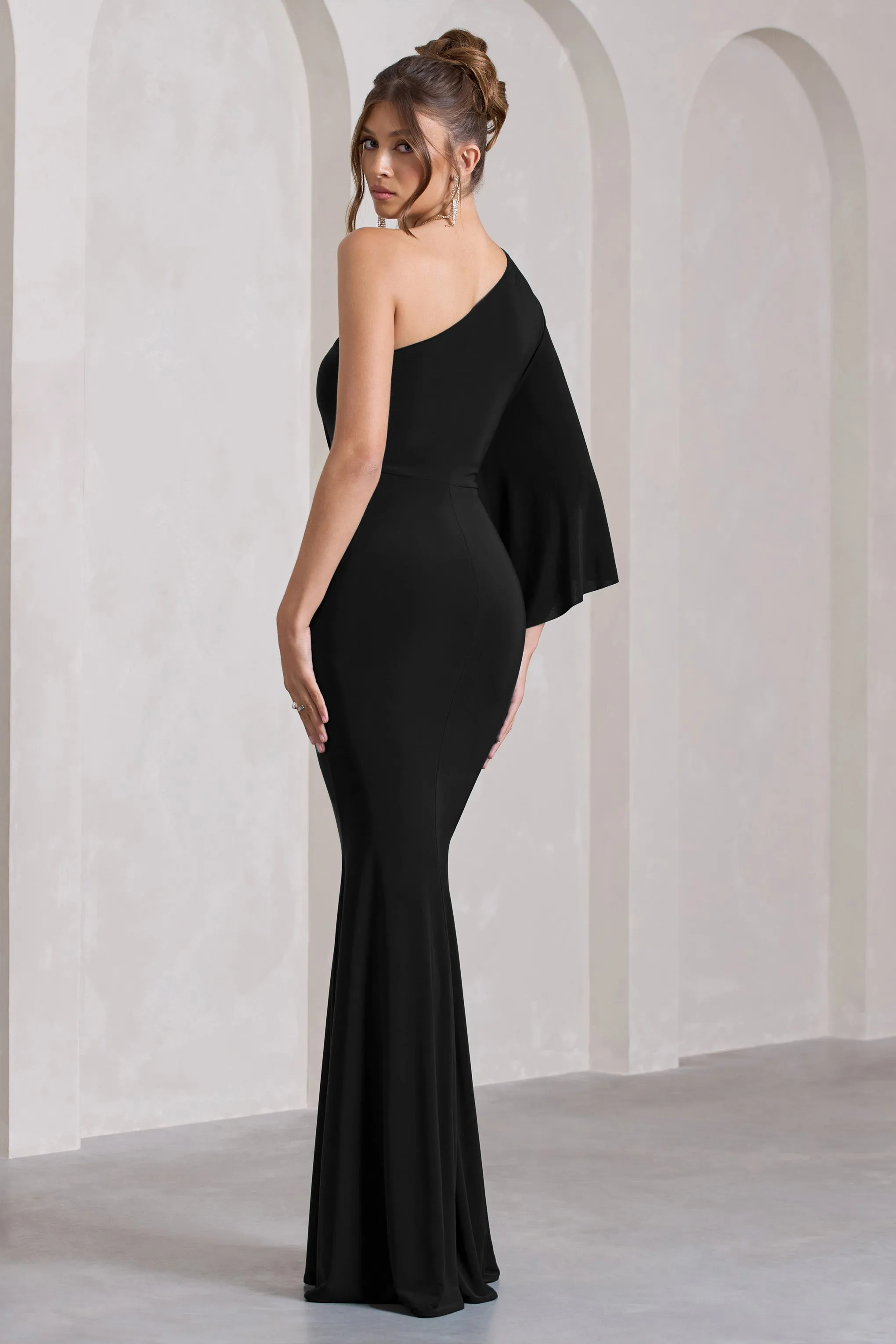 Luciana | Black One Shoulder Drape Sleeve Maxi Dress sold by Club L London product image thumbnail 2