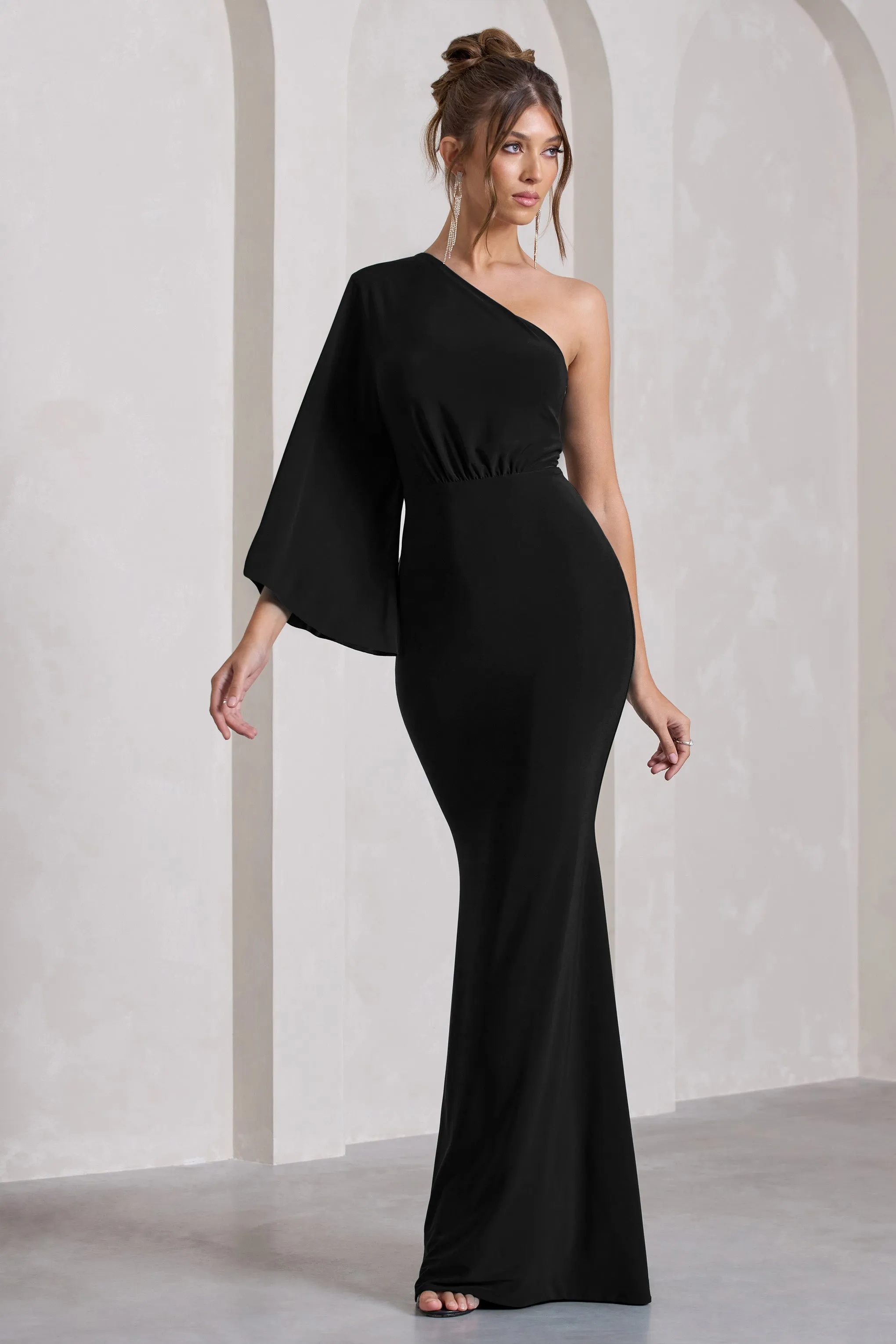 Luciana | Black One Shoulder Drape Sleeve Maxi Dress sold by Club L London