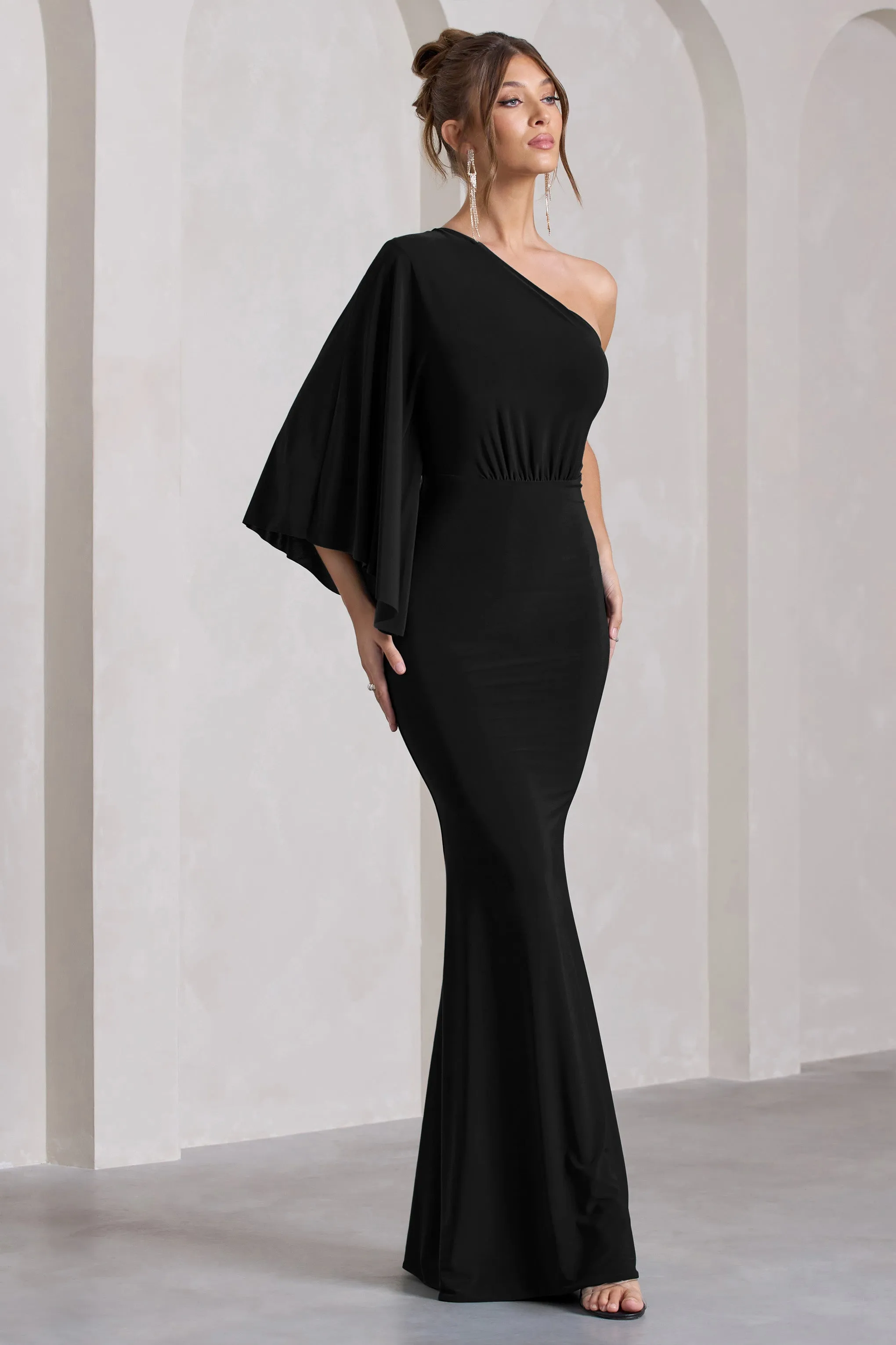 Luciana | Black One Shoulder Drape Sleeve Maxi Dress sold by Club L London product image thumbnail 4