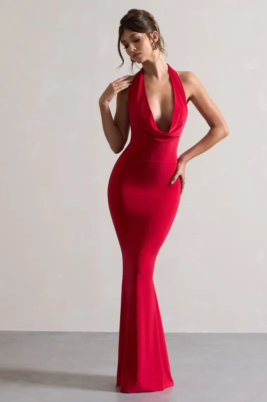 Milani | Red Backless Cowl Neck Fishtail Maxi Dress sold by Club L London