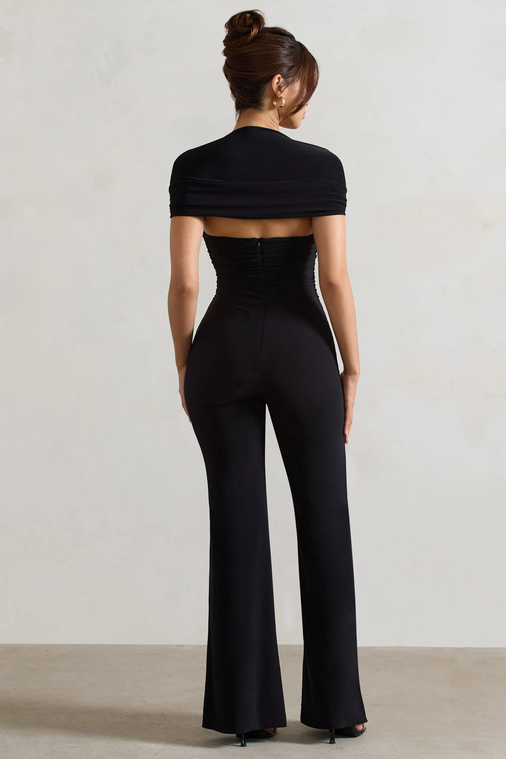 Silvanna | Black Ruched Square-Neck Flared-Leg Jumpsuit sold by Club L London product image thumbnail 2