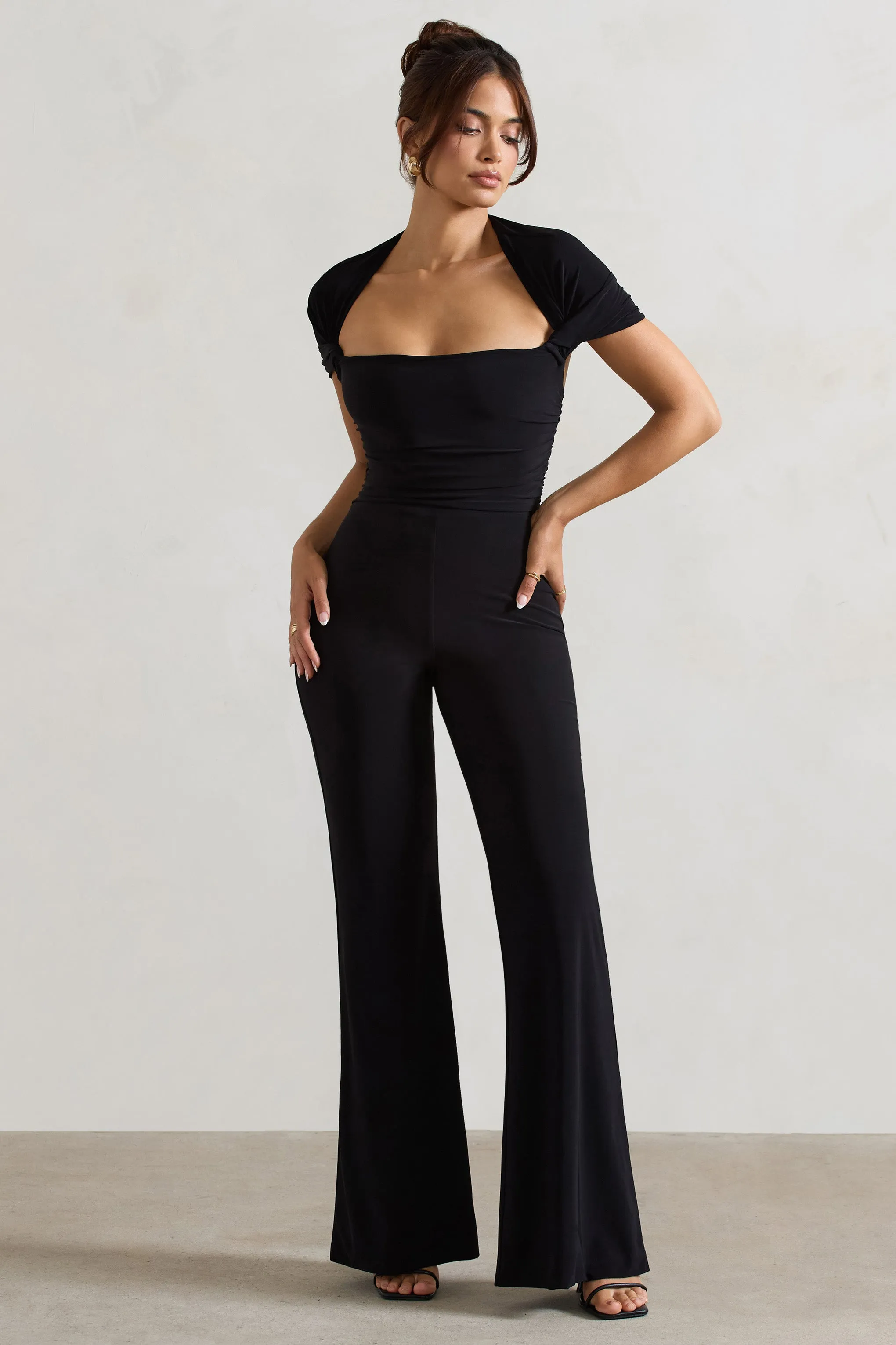 Silvanna | Black Ruched Square-Neck Flared-Leg Jumpsuit sold by Club L London product image thumbnail 4
