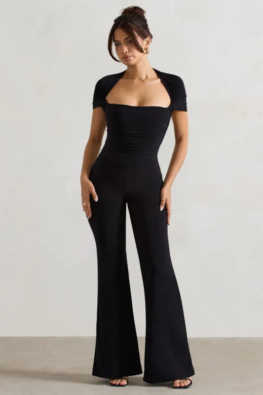 Silvanna | Black Ruched Square-Neck Flared-Leg Jumpsuit made by Club L London