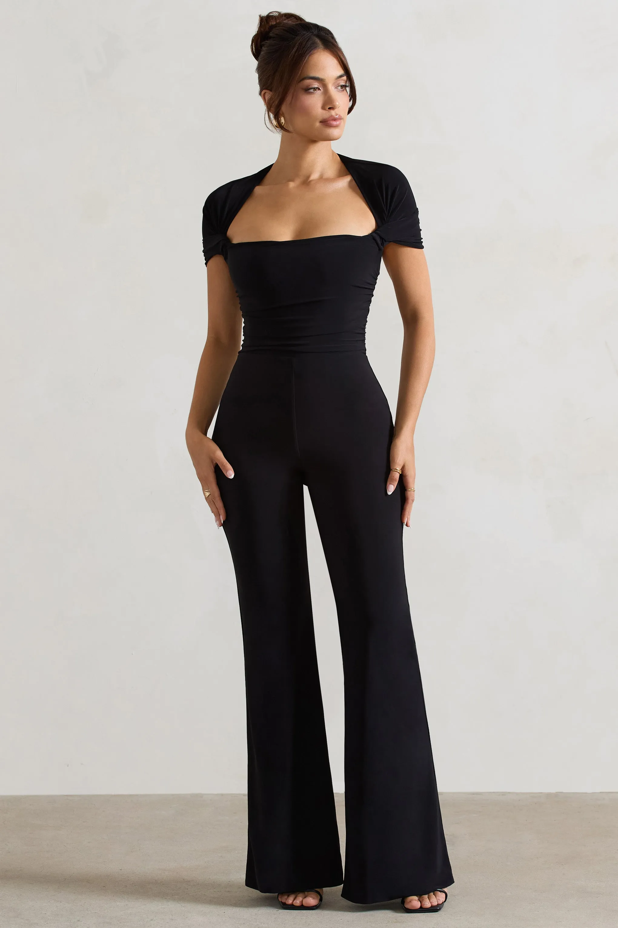 Silvanna | Black Ruched Square-Neck Flared-Leg Jumpsuit sold by Club L London product image thumbnail 5