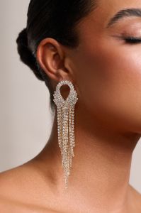 Stephanie | Gold Diamante Chain Drop Earrings sold by Club L London