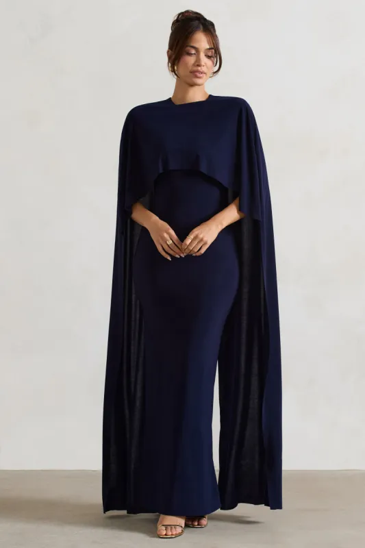Padma | Navy Draped Maxi Dress With Cape Sleeves sold by Club L London