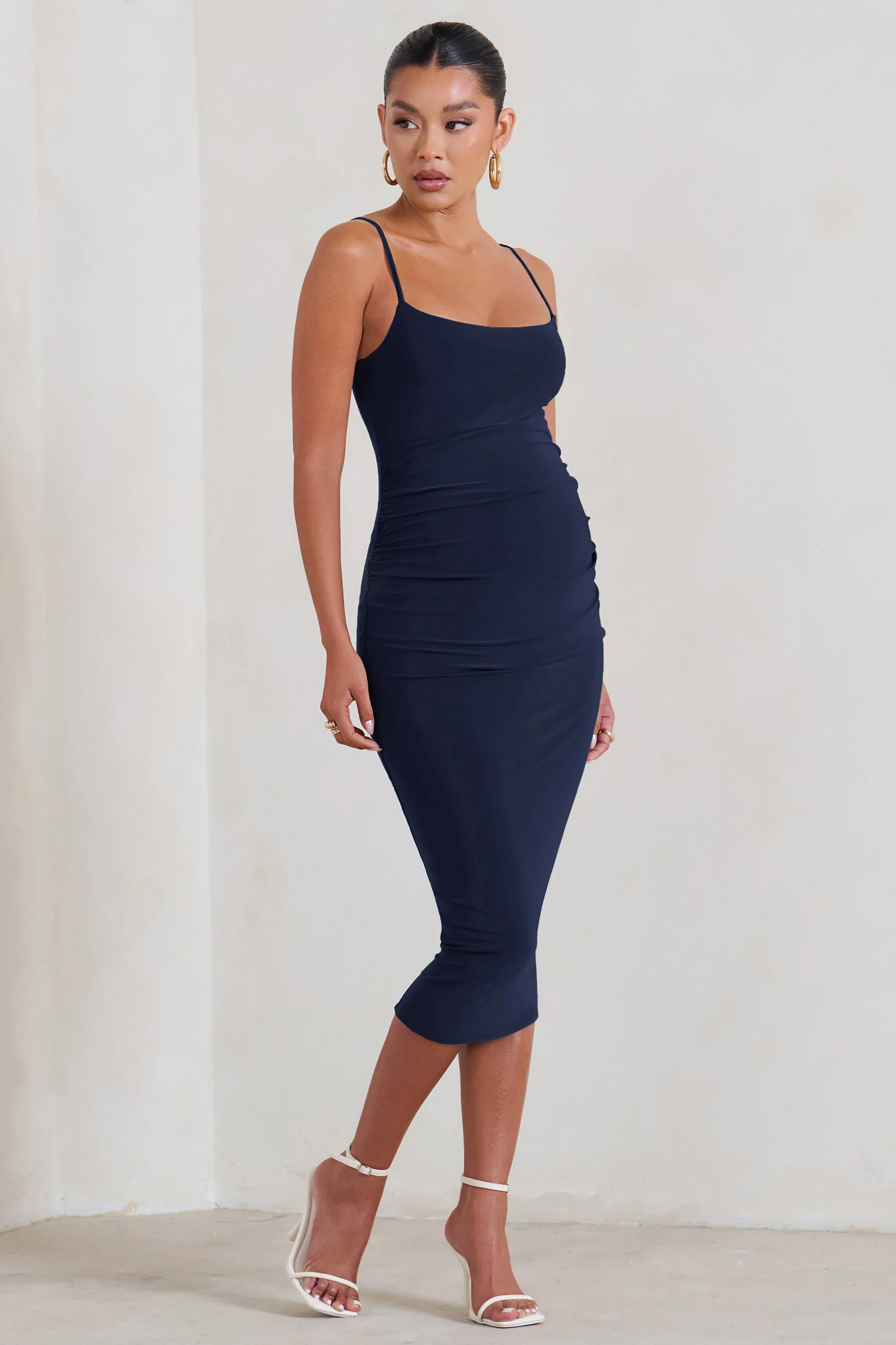 Raquel | Navy Maternity Cami Midi Dress With Split sold by Club L London product image thumbnail 4
