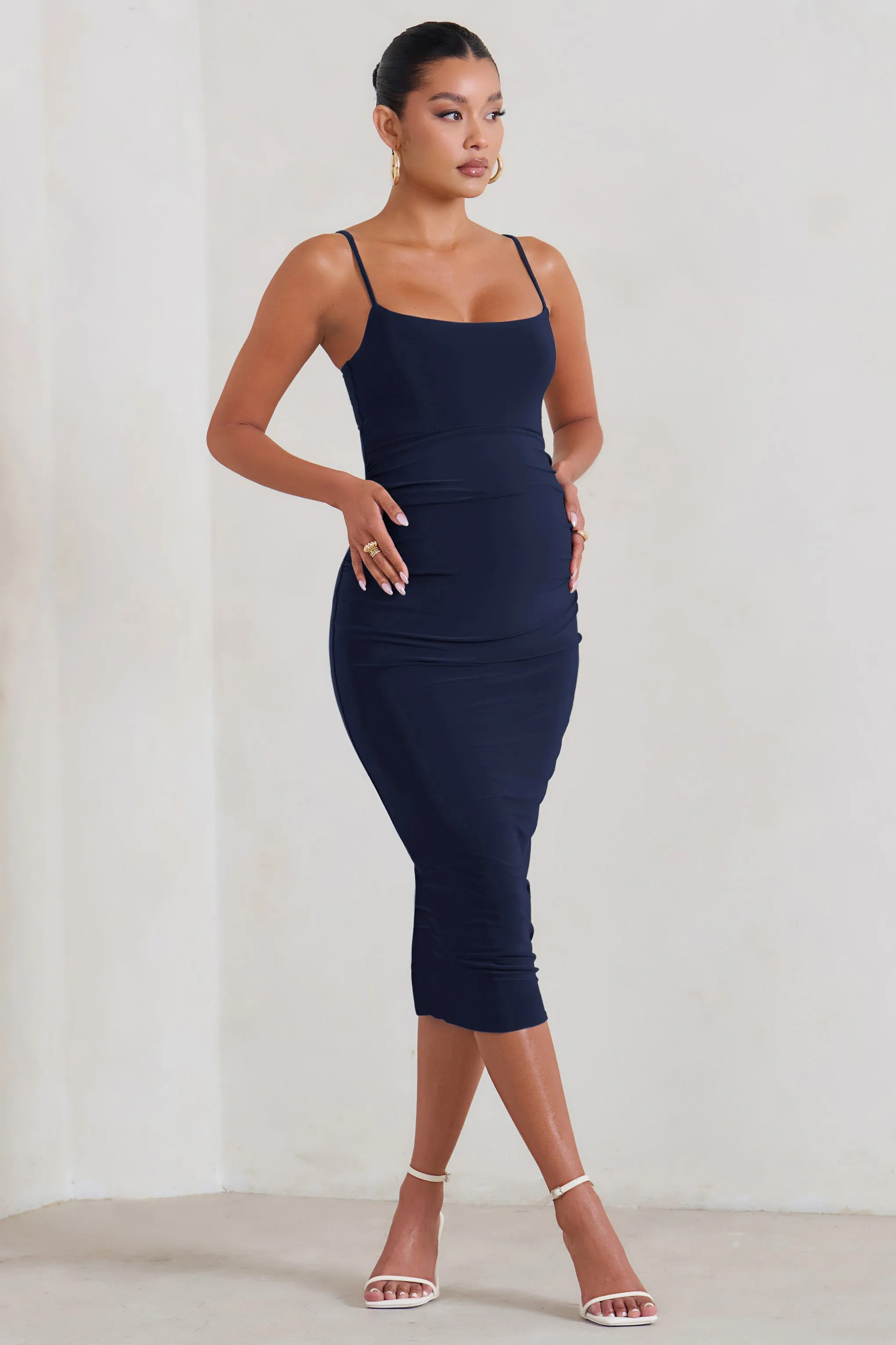 Raquel | Navy Maternity Cami Midi Dress With Split sold by Club L London