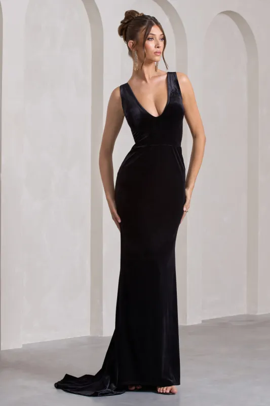 Elisabetta | Black Velvet Plunge-Neck Fishtail Maxi Dress sold by Club L London