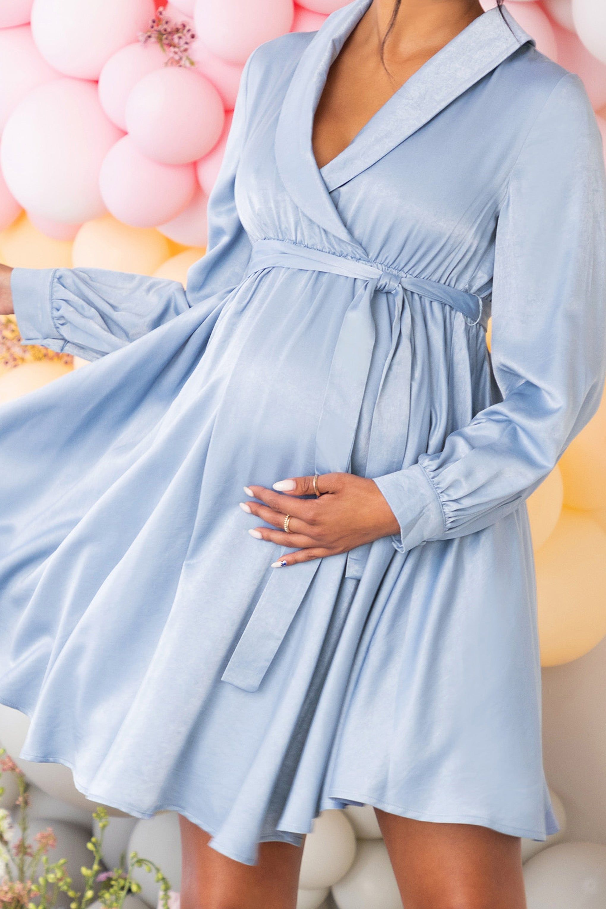 Sweet Lullaby | Powder Blue Maternity Belted Wrap Mini Dress sold by Club L London product image thumbnail 3