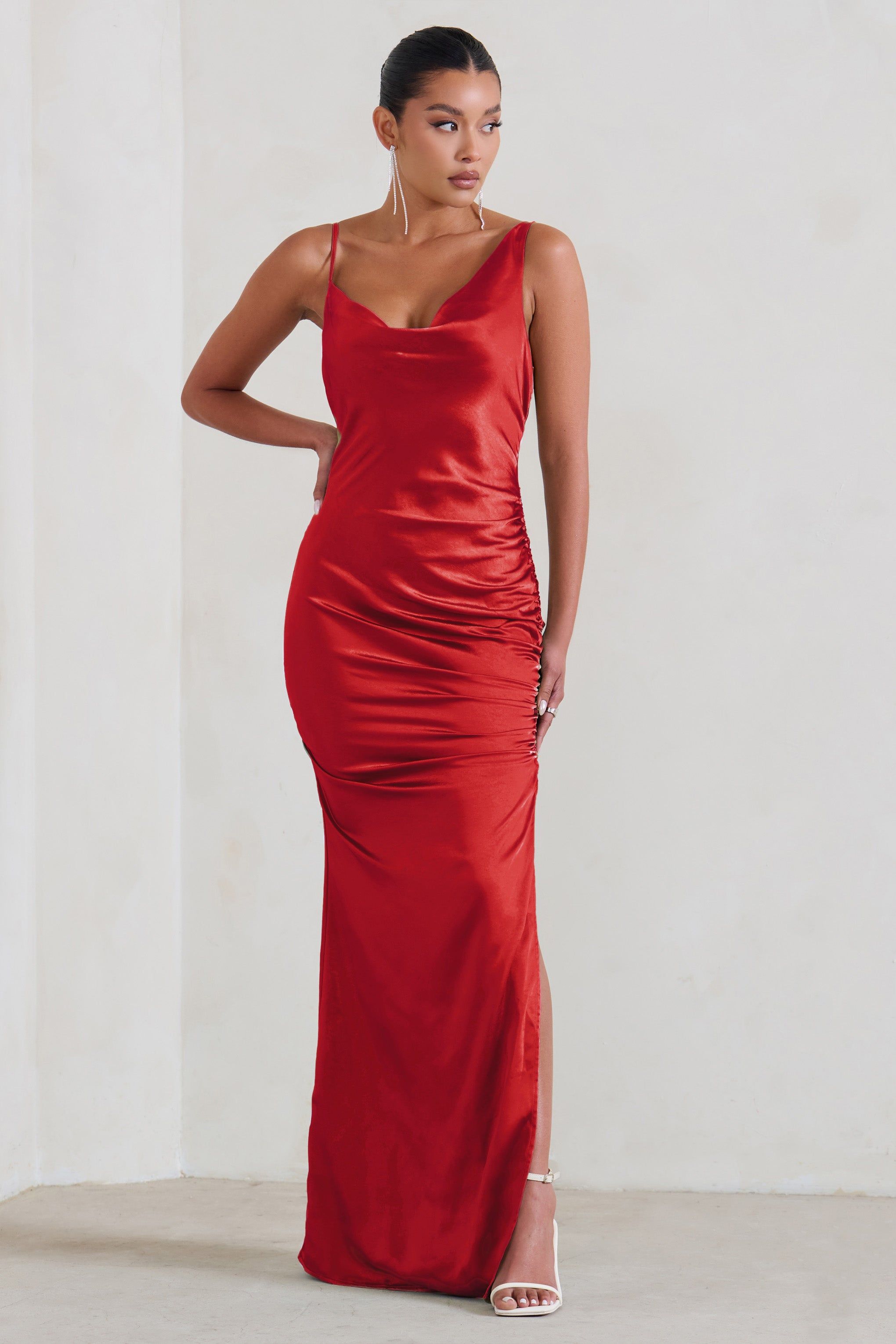 Belonging | Red Ruched Cowl Maxi Dress sold by Club L London