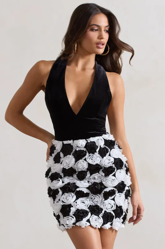 Serenade | Black & White Plunge Halter-Neck Mini Dress With Flowers sold by Club L London
