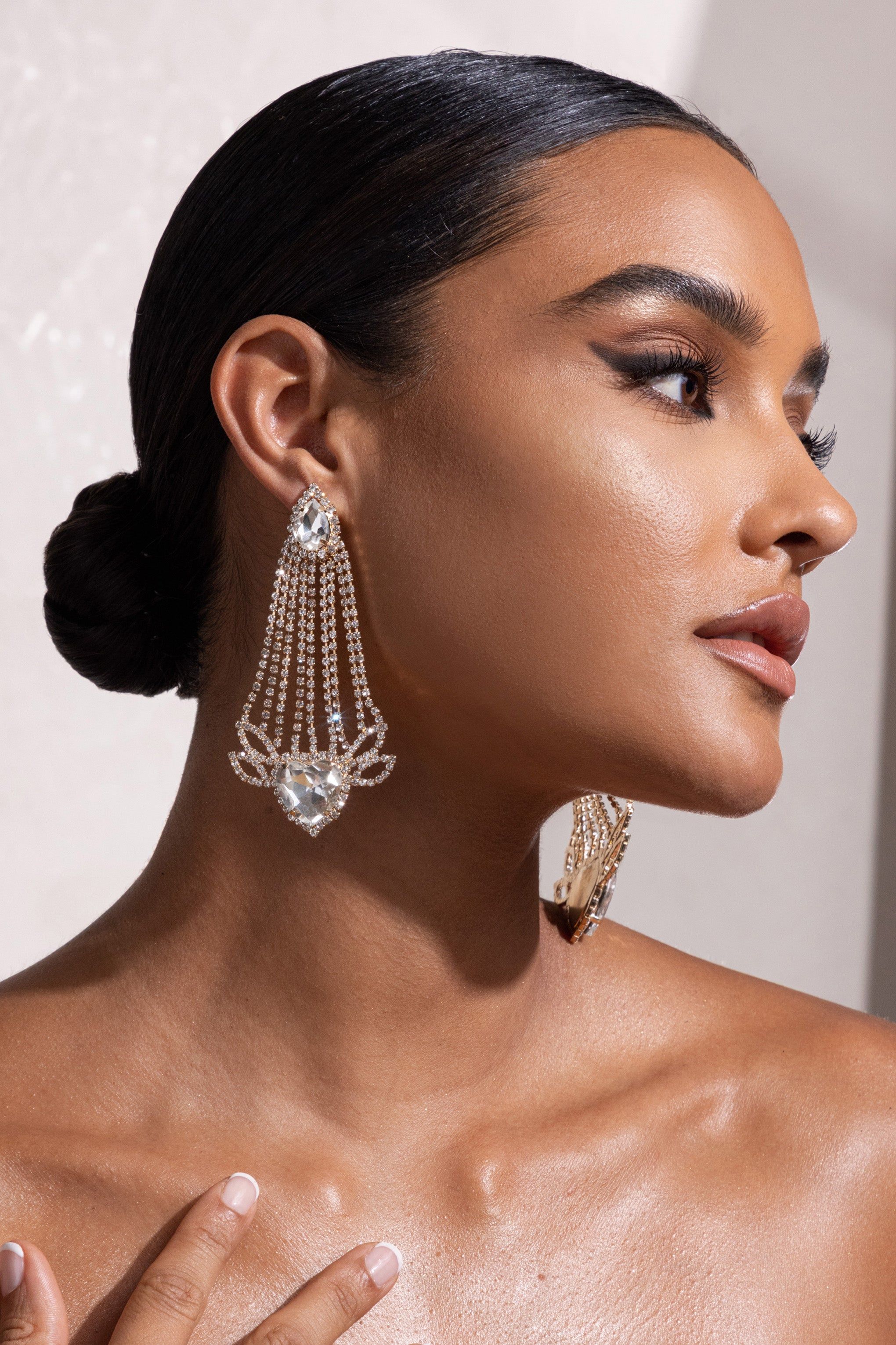 Barbarella | Silver Diamante Tassel Heartshape Drop Earrings sold by Club L London product image thumbnail 3