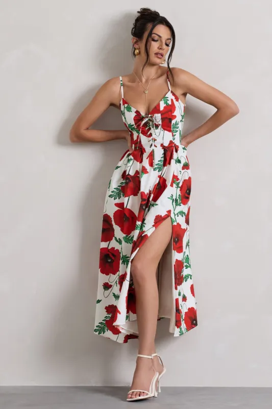 Ardea | Poppy Print Strappy Lace Up Split Midi Dress sold by Club L London