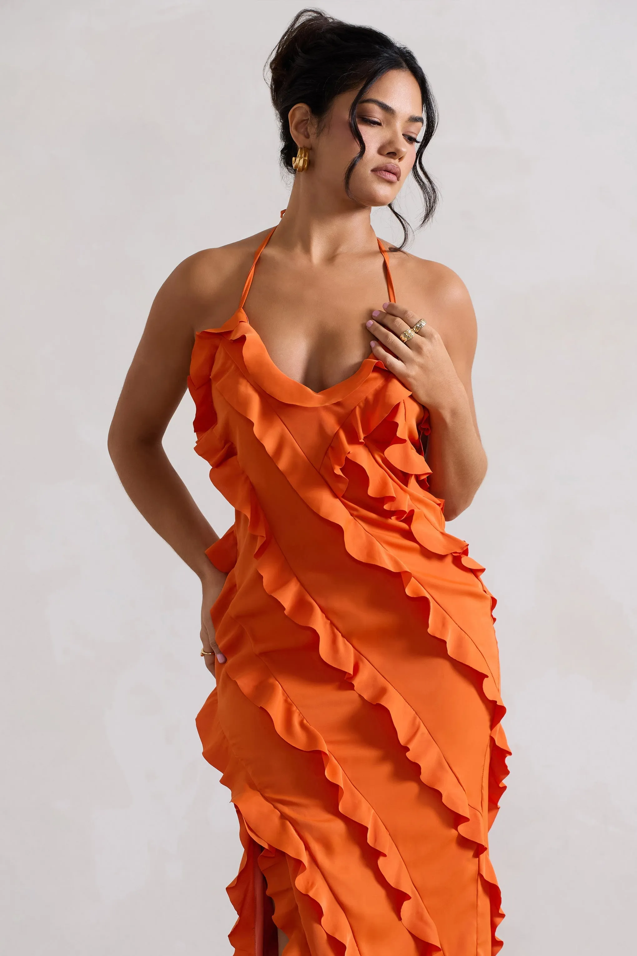 Full On | Orange V-Neck Ruffle Maxi Dress sold by Club L London product image thumbnail 3