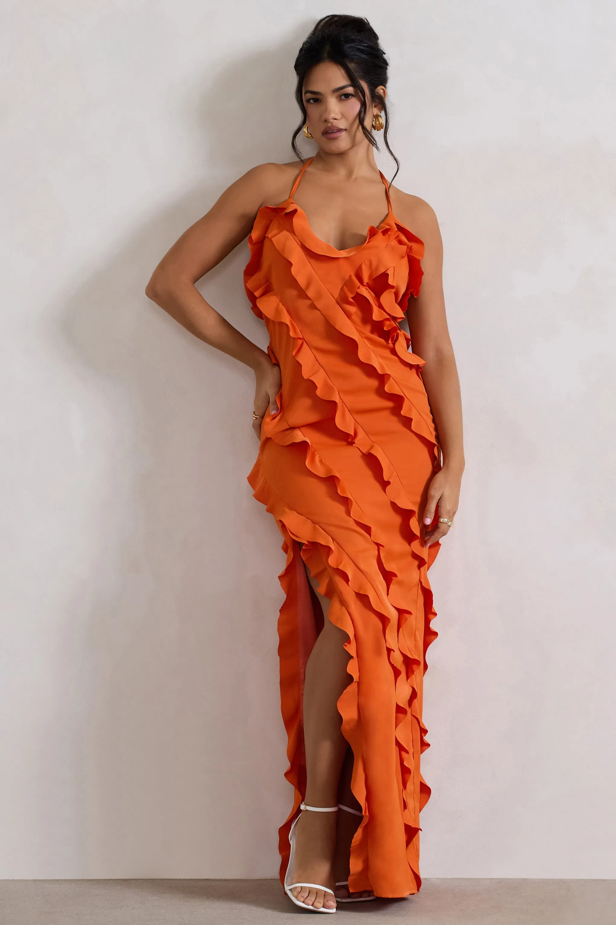 Full On | Orange V-Neck Ruffle Maxi Dress sold by Club L London
