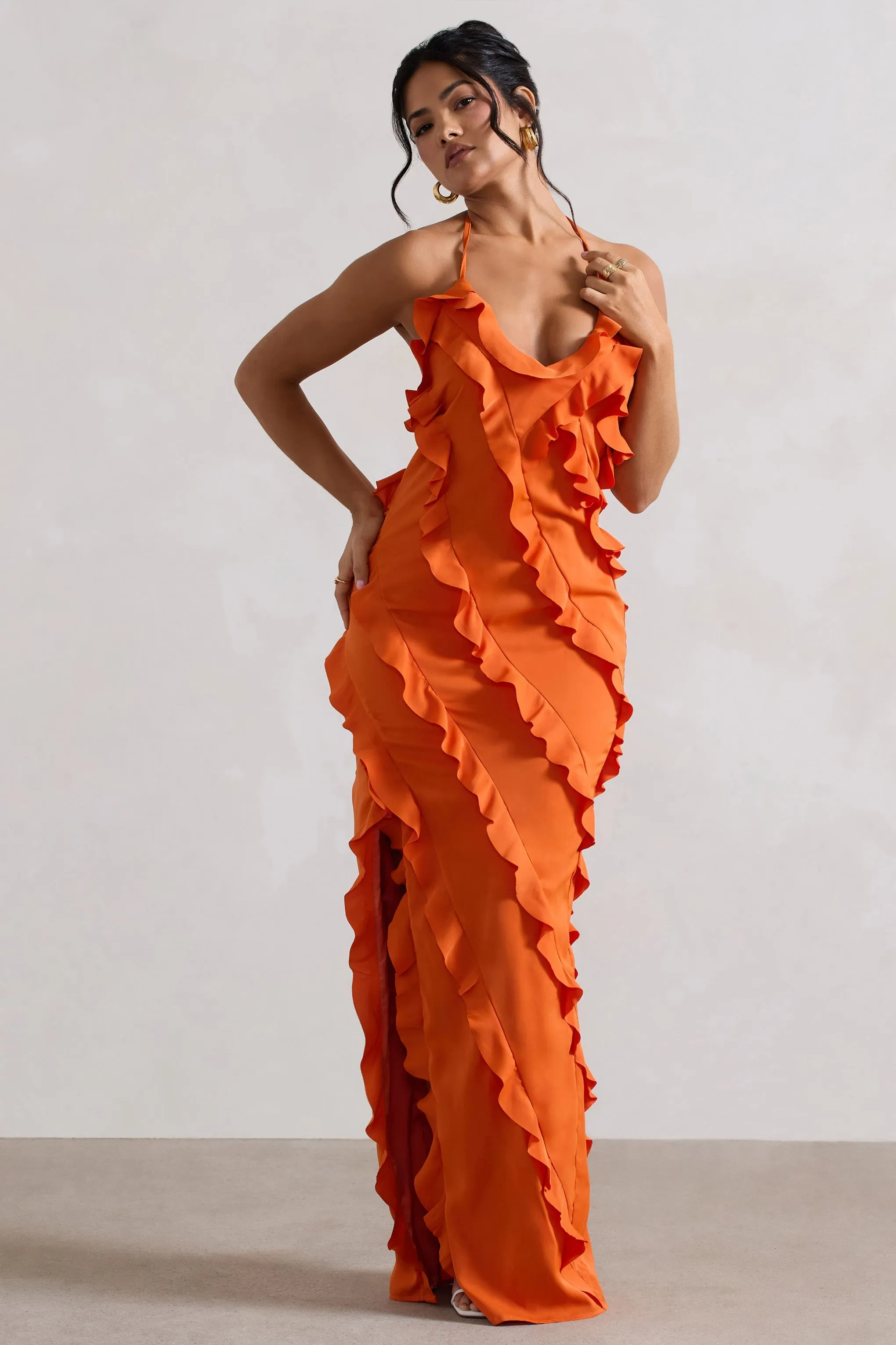 Full On | Orange V-Neck Ruffle Maxi Dress sold by Club L London product image thumbnail 4