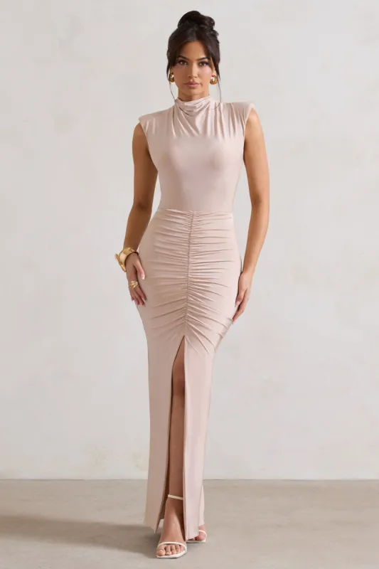 Samira | Champagne Ruched High-Neck Split Maxi Dress sold by Club L London