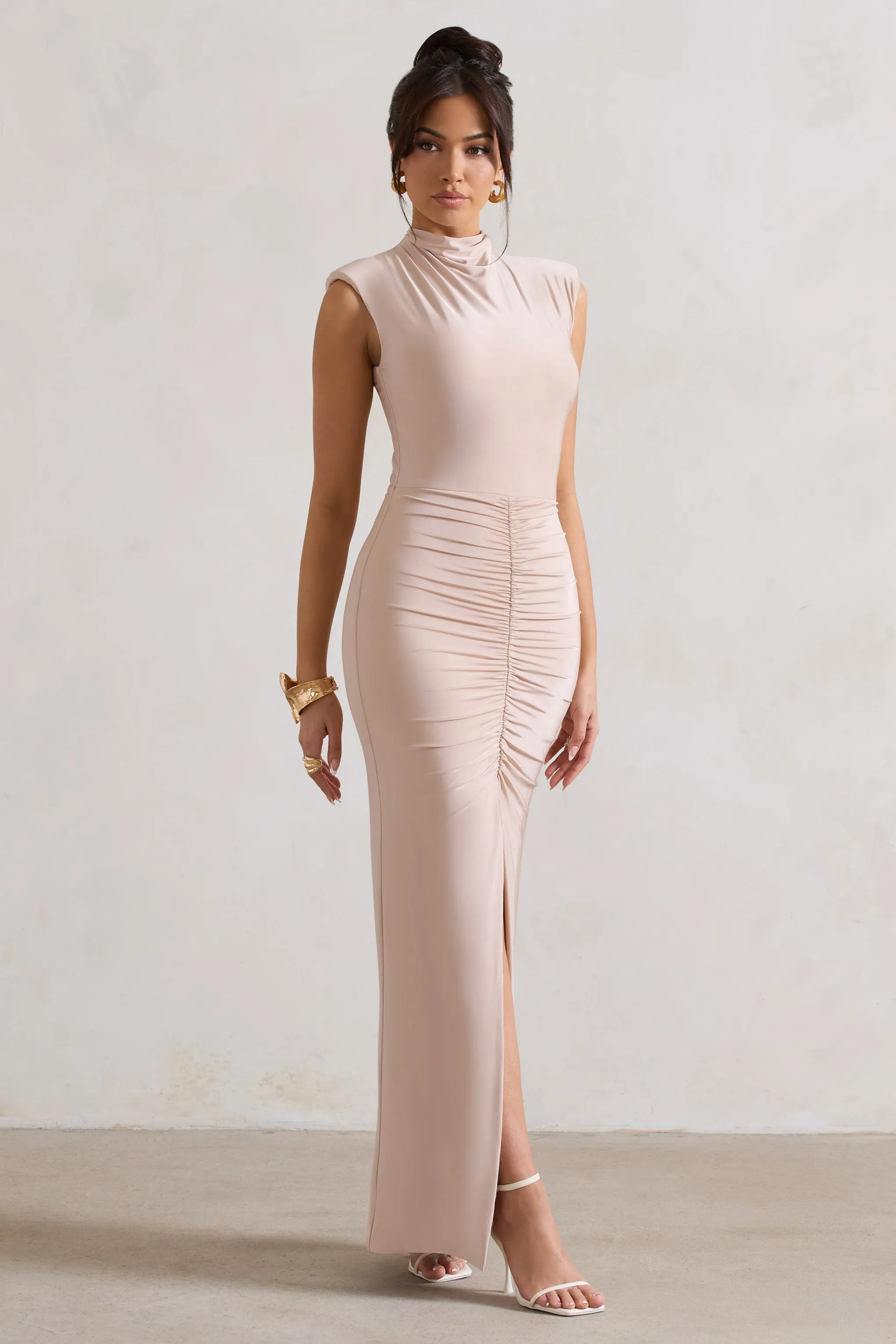 Samira | Champagne Ruched High-Neck Split Maxi Dress sold by Club L London product image thumbnail 5