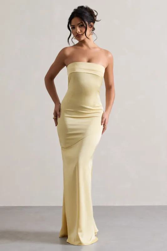 Colada | Lemon Satin Pleated Bandeau Maxi Dress sold by Club L London
