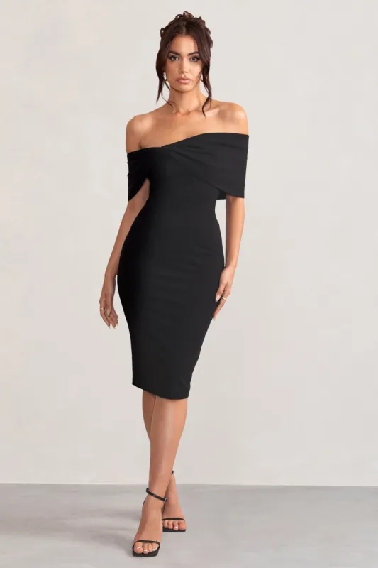 Alyssa | Black Bardot Bow Detail Midi Dress sold by Club L London