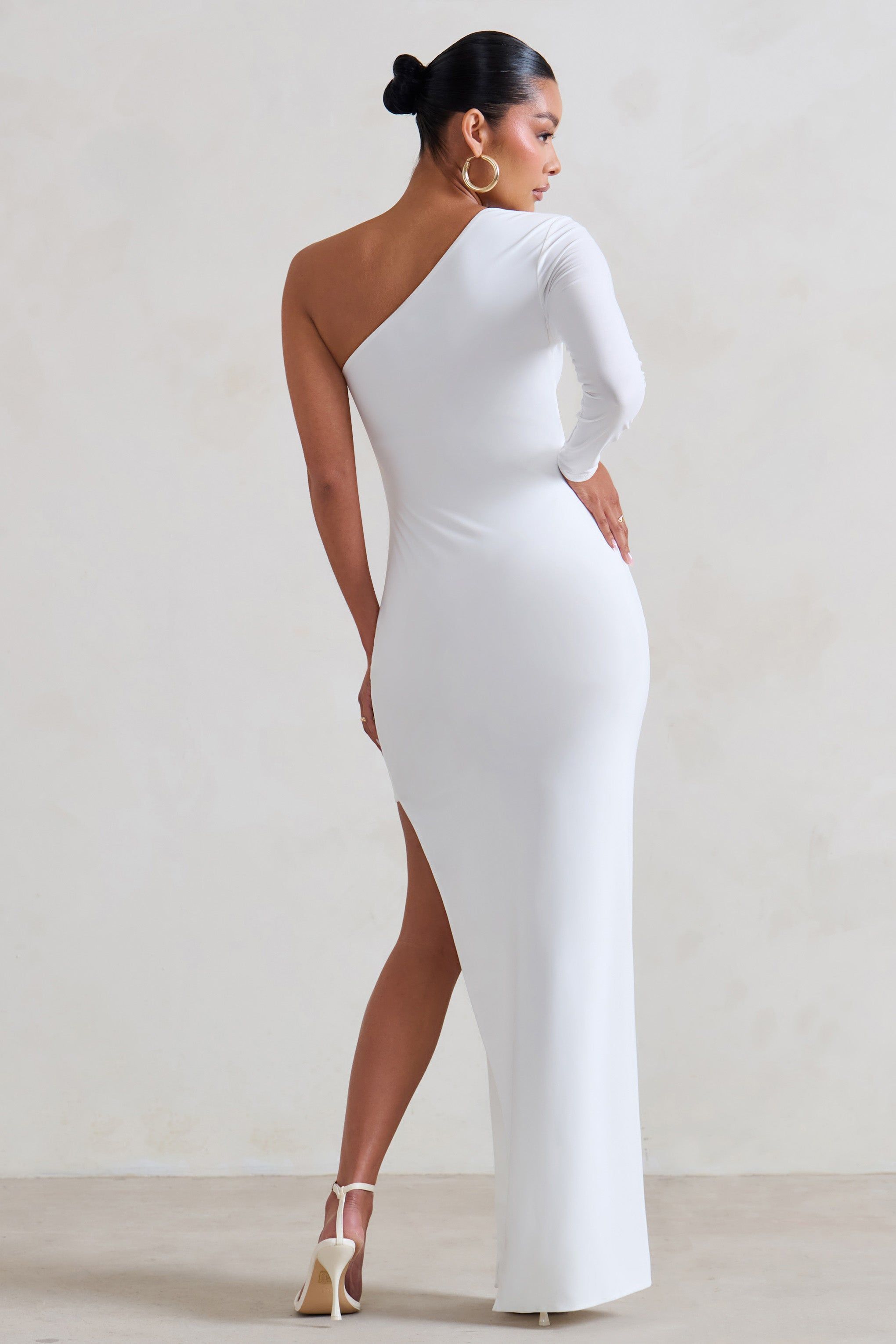 Paloma | White Maternity One Sleeve Asymmetric Maxi Dress sold by Club L London product image thumbnail 2
