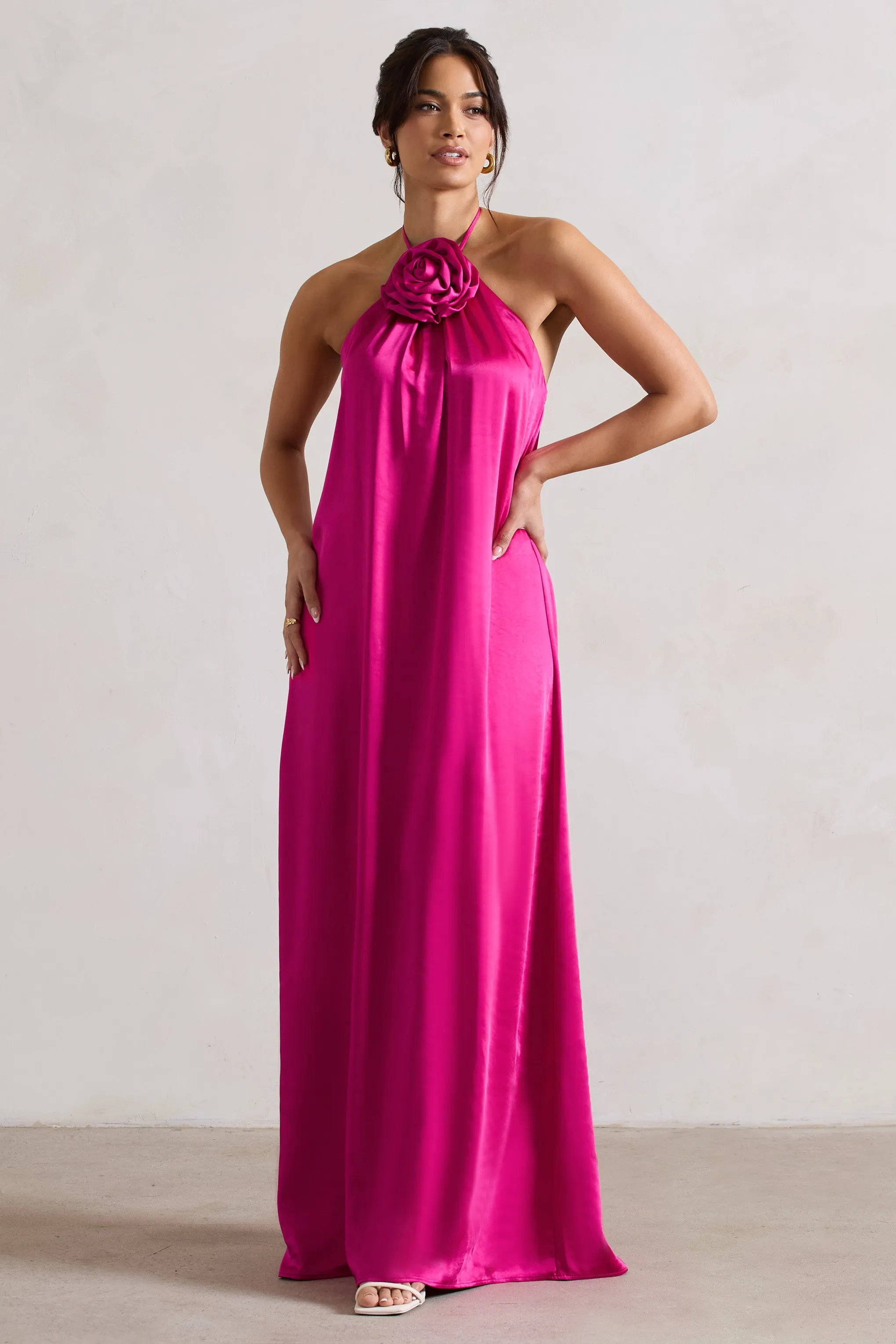 Everleigh | Dark Pink Satin Relaxed Fit Maxi Column Dress With Corsage sold by Club L London product image thumbnail 5