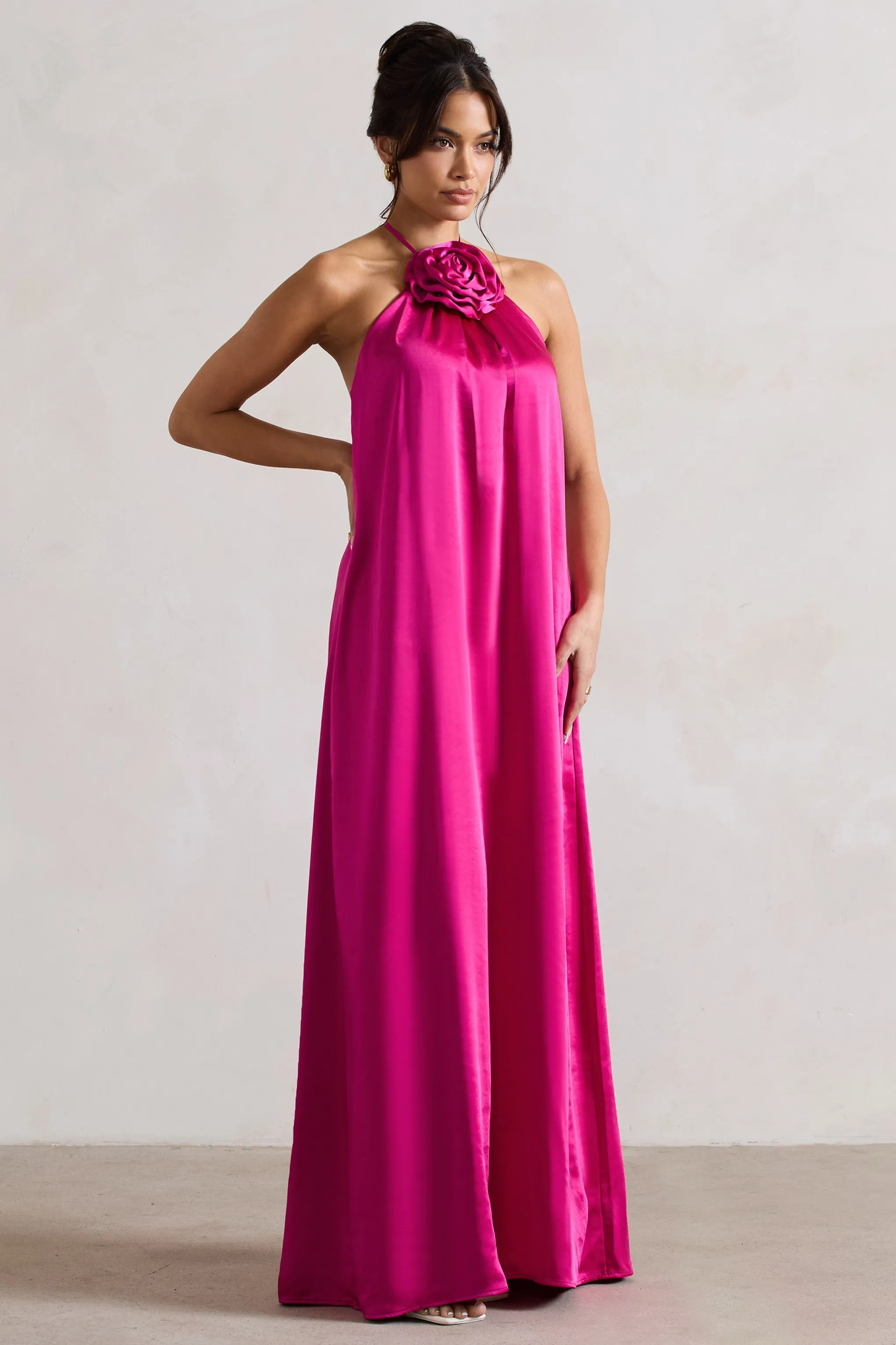 Everleigh | Dark Pink Satin Relaxed Fit Maxi Column Dress With Corsage sold by Club L London product image thumbnail 4