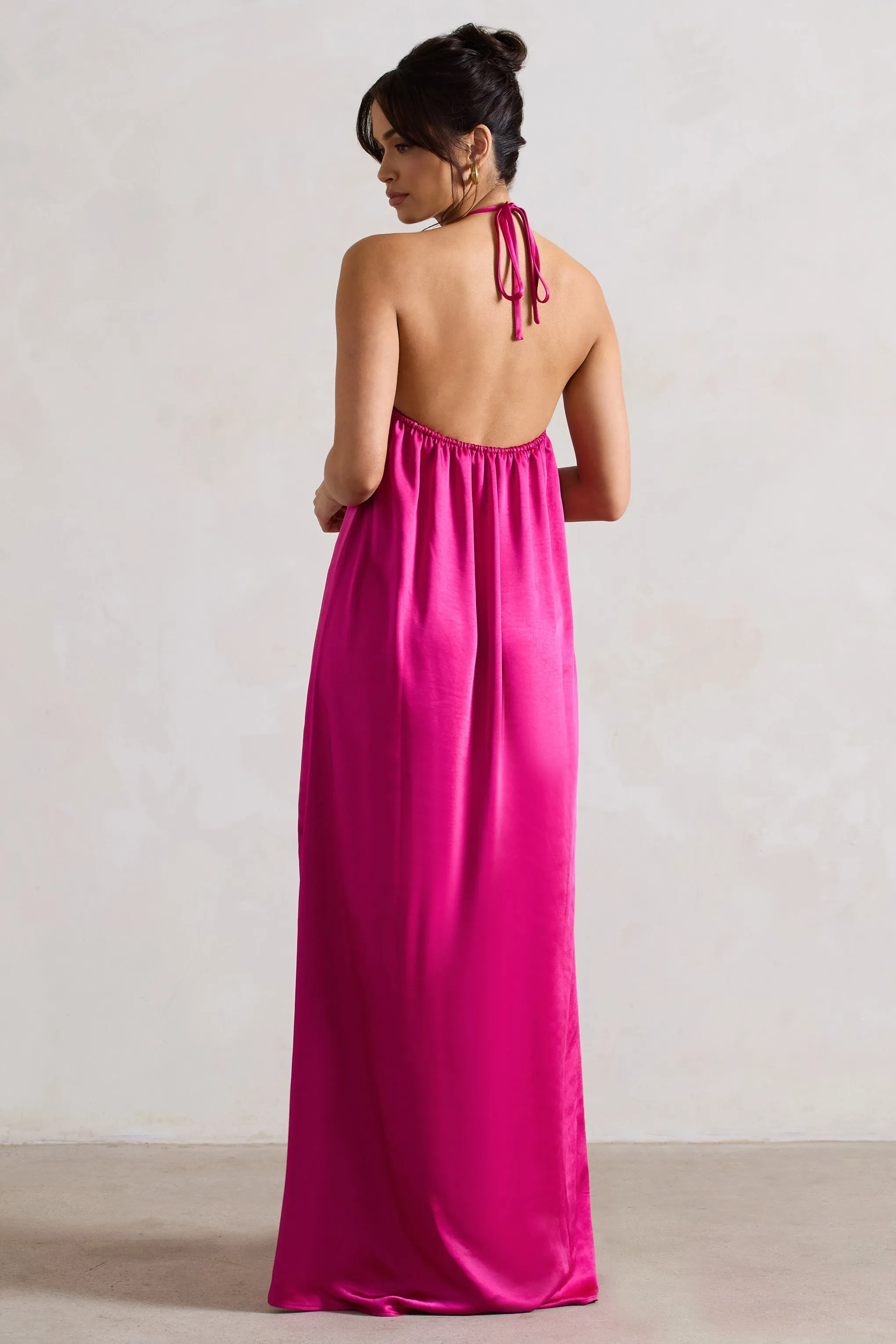 Everleigh | Dark Pink Satin Relaxed Fit Maxi Column Dress With Corsage sold by Club L London product image thumbnail 2