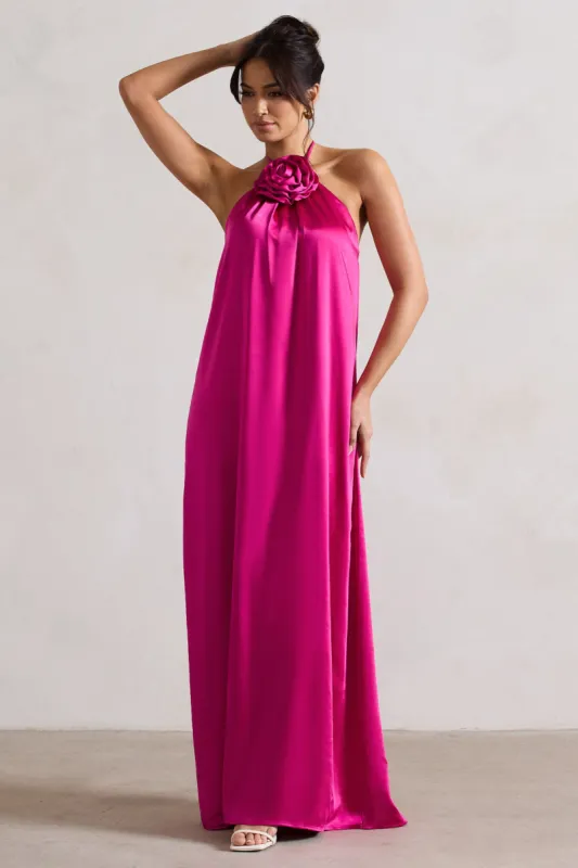 Everleigh | Dark Pink Satin Relaxed Fit Maxi Column Dress With Corsage sold by Club L London