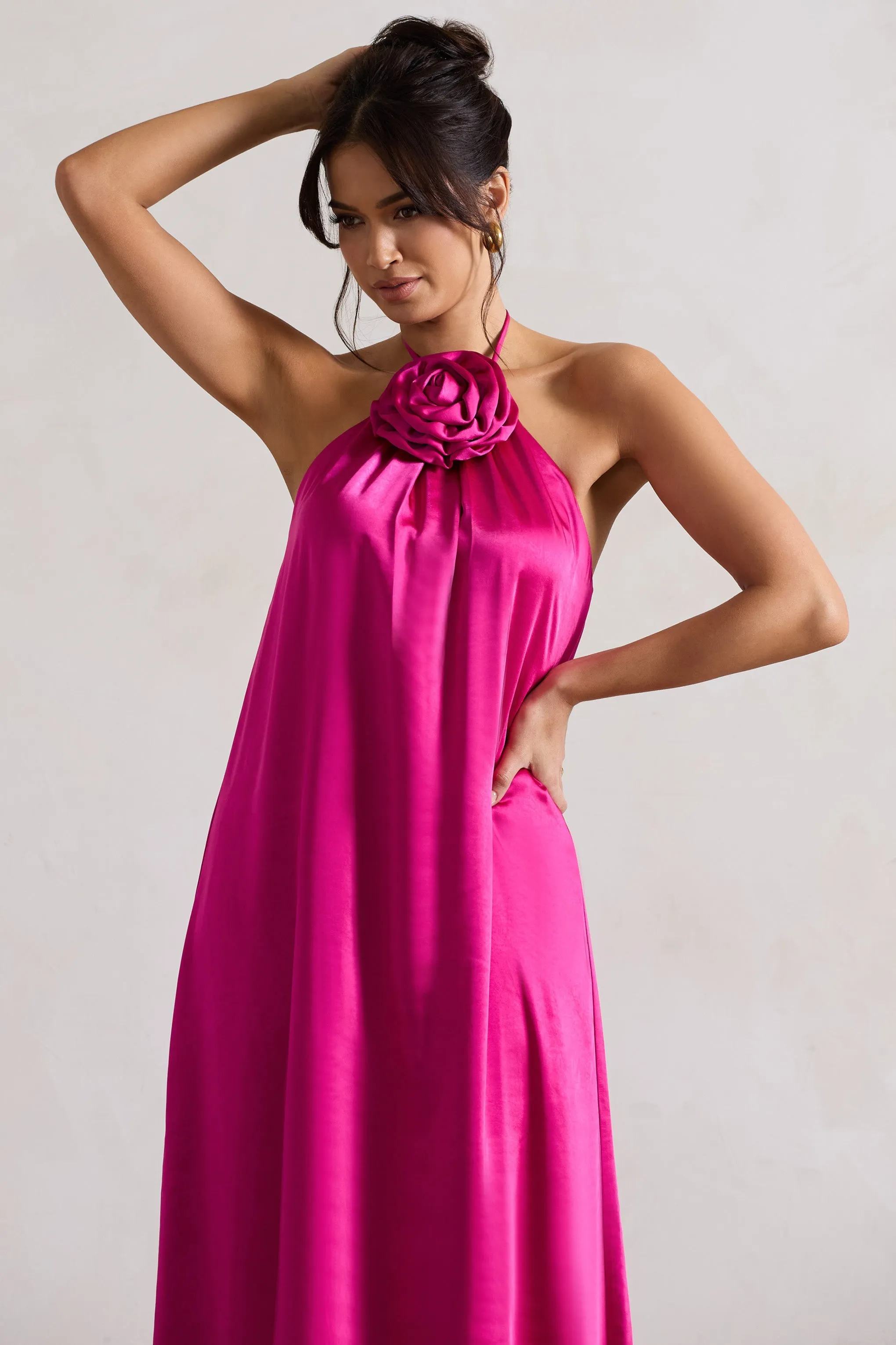 Everleigh | Dark Pink Satin Relaxed Fit Maxi Column Dress With Corsage sold by Club L London product image thumbnail 3
