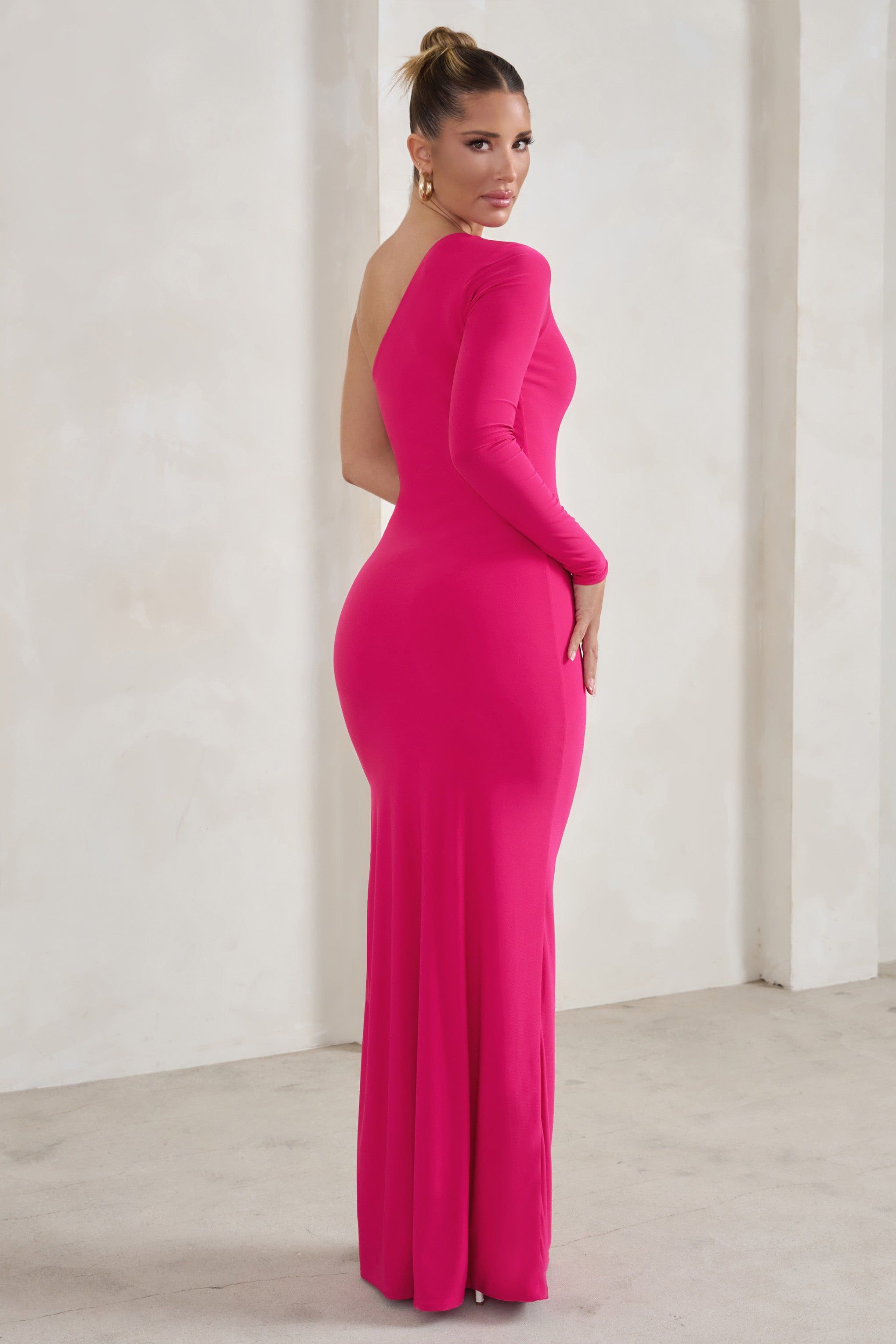 Melanie | Hot Pink One Shoulder Split Maxi Dress sold by Club L London product image thumbnail 2