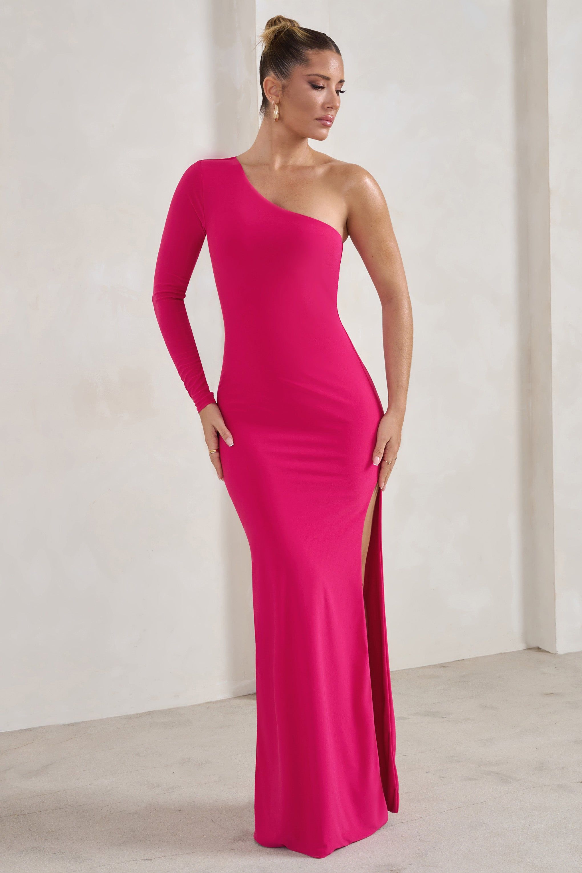 Melanie | Hot Pink One Shoulder Split Maxi Dress sold by Club L London product image thumbnail 5