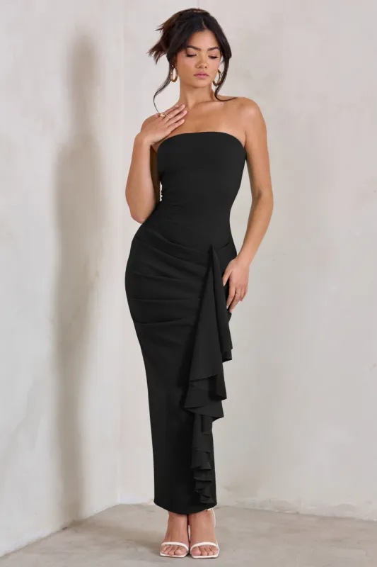 Fleur | Black Bandeau Ruffle Maxi Dress sold by Club L London
