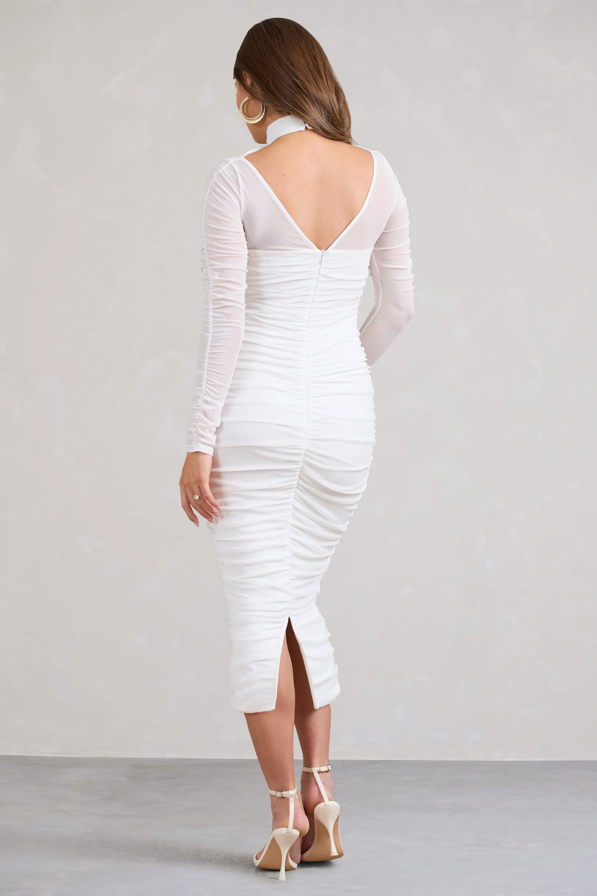 Lady In Waiting | White Ruched Mesh Long-Sleeved Maternity Midi Dress sold by Club L London product image thumbnail 2