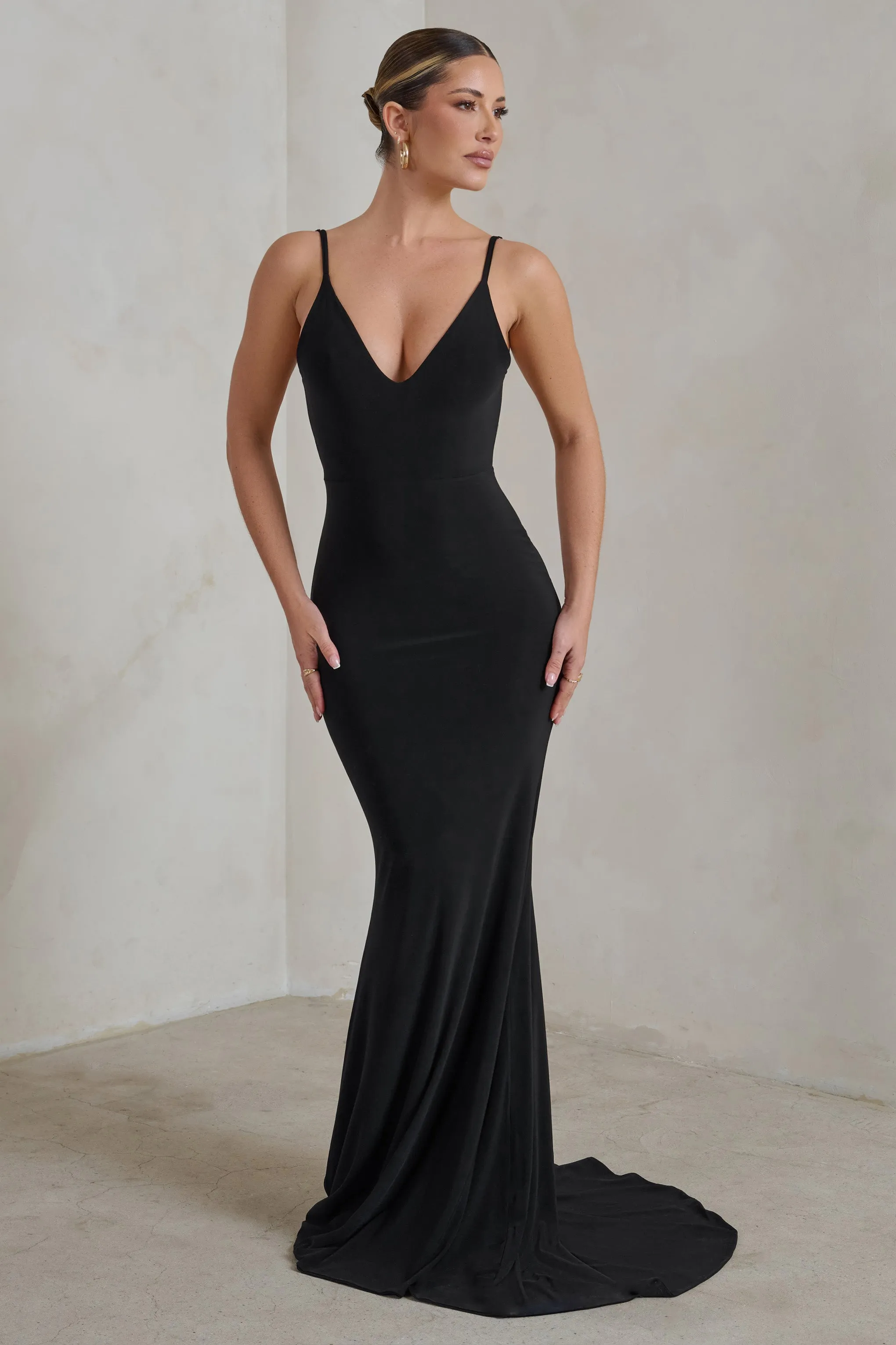 Endless Love | Black Backless Knot Detail Fishtail Maxi Dress sold by Club L London